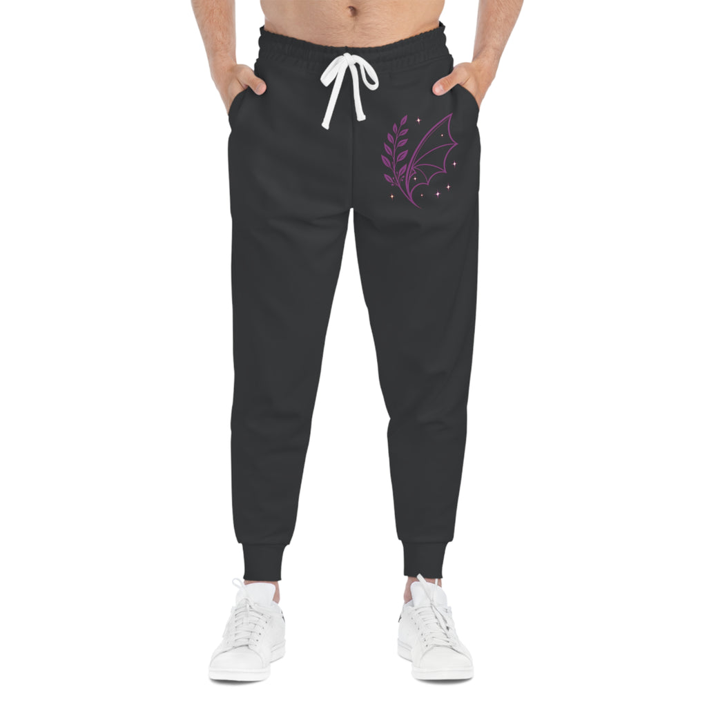 Fern & Flicker Joggers — Black Athletic Joggers with Purple Dragon Wing Plant Graphic