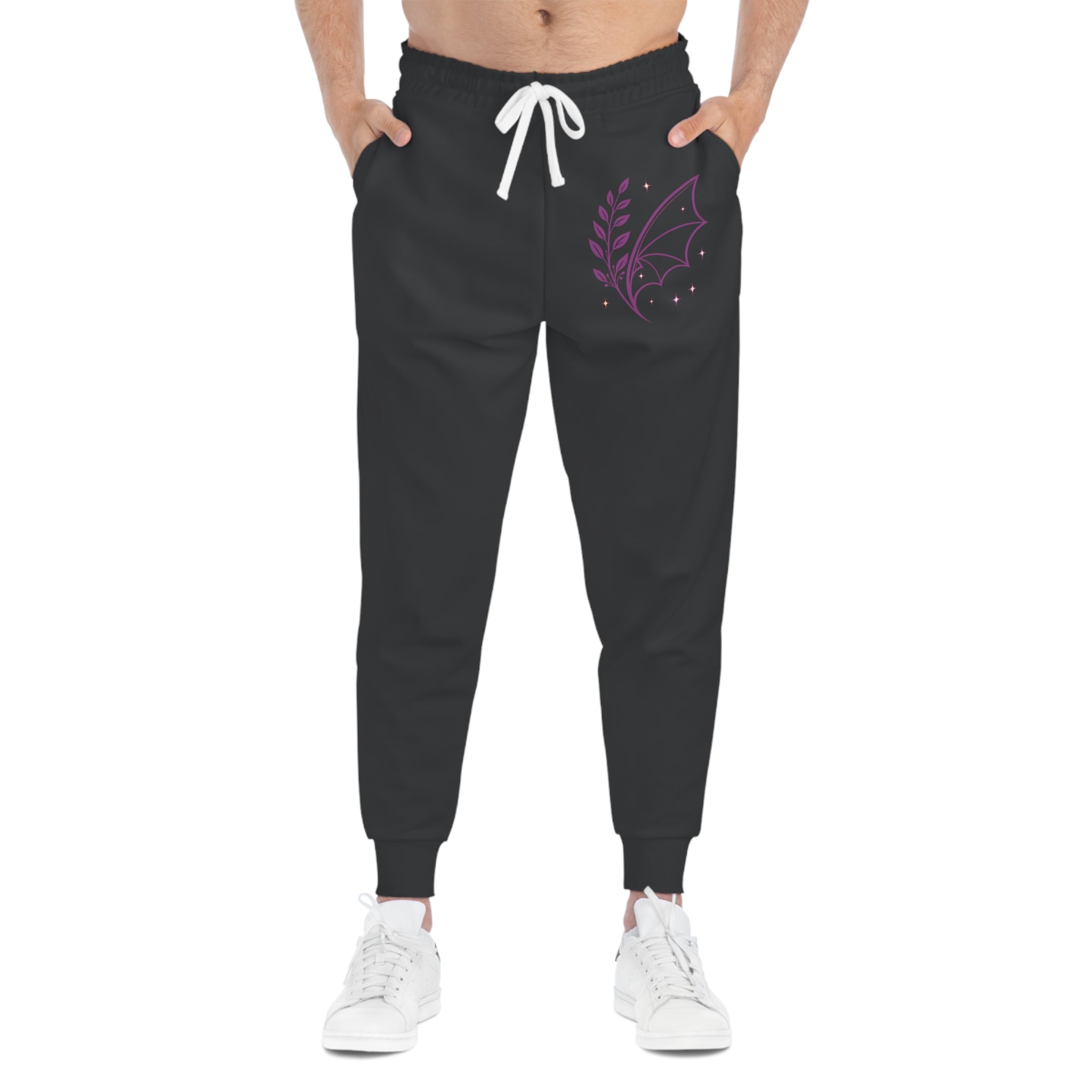 Fern & Flicker Joggers — Black Athletic Joggers with Purple Dragon Wing Plant Graphic