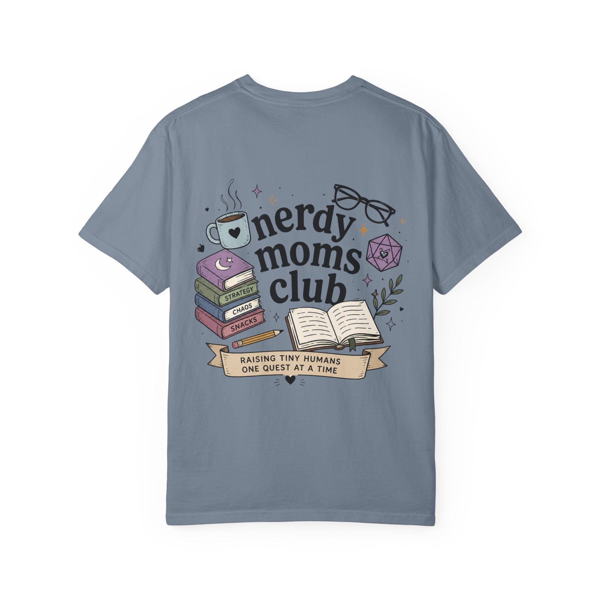 Colorful Nerdy Moms Club T-Shirt — Graphic "Raising Tiny Humans One Quest at a Time" Tee