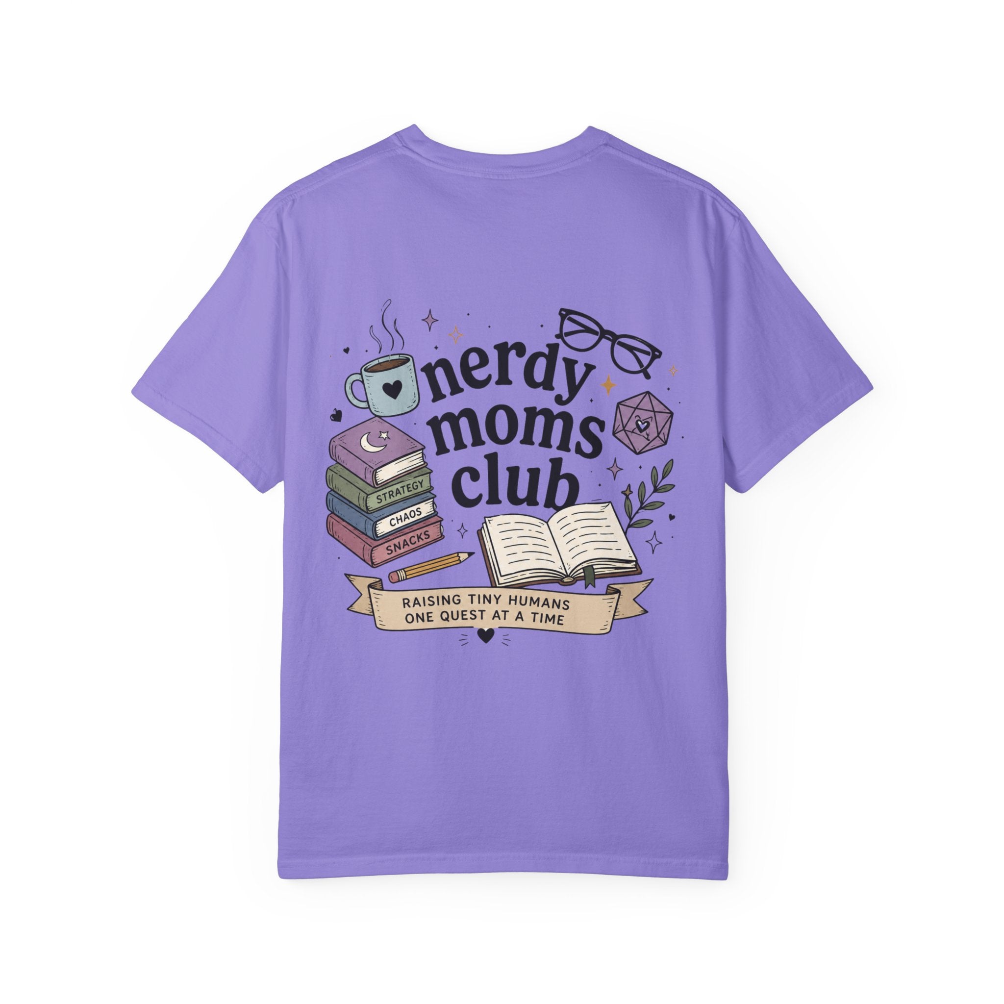 Colorful Nerdy Moms Club T-Shirt — Graphic "Raising Tiny Humans One Quest at a Time" Tee