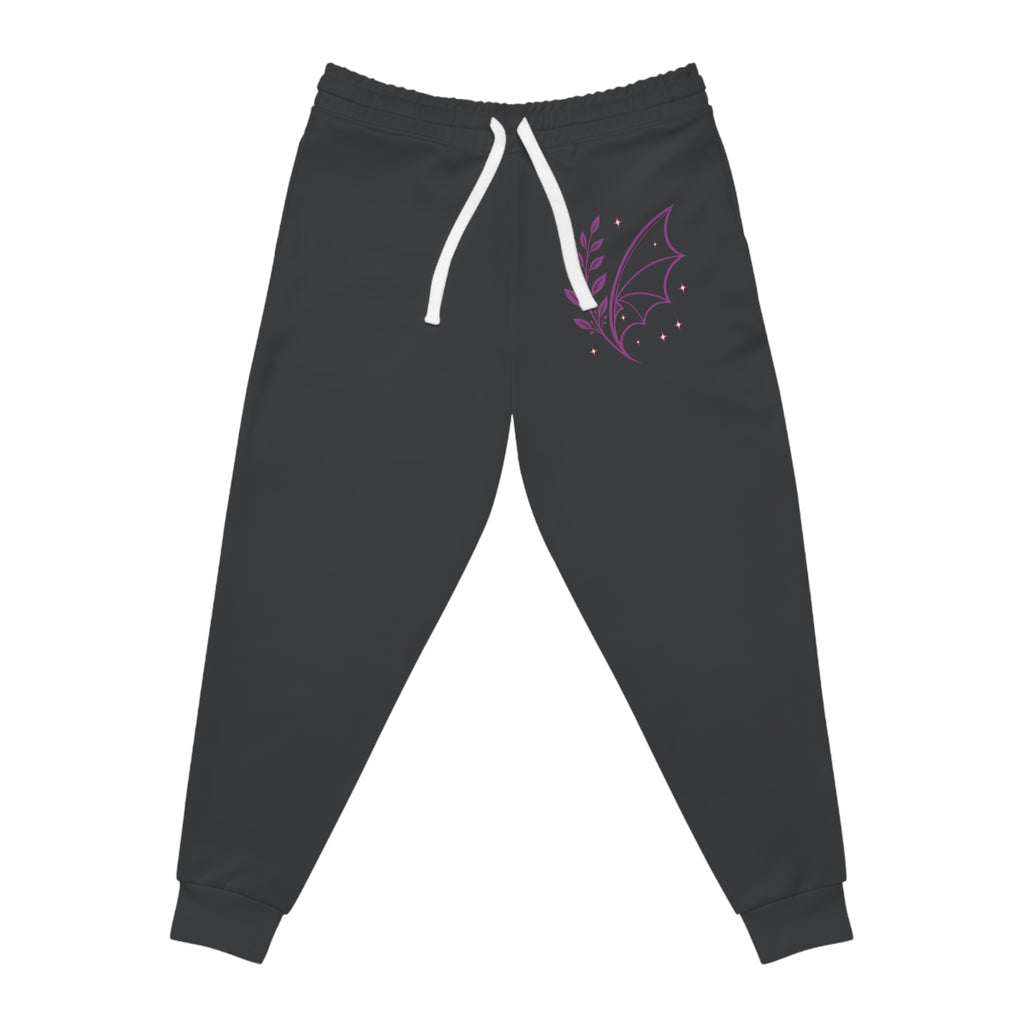Fern & Flicker Joggers — Black Athletic Joggers with Purple Dragon Wing Plant Graphic