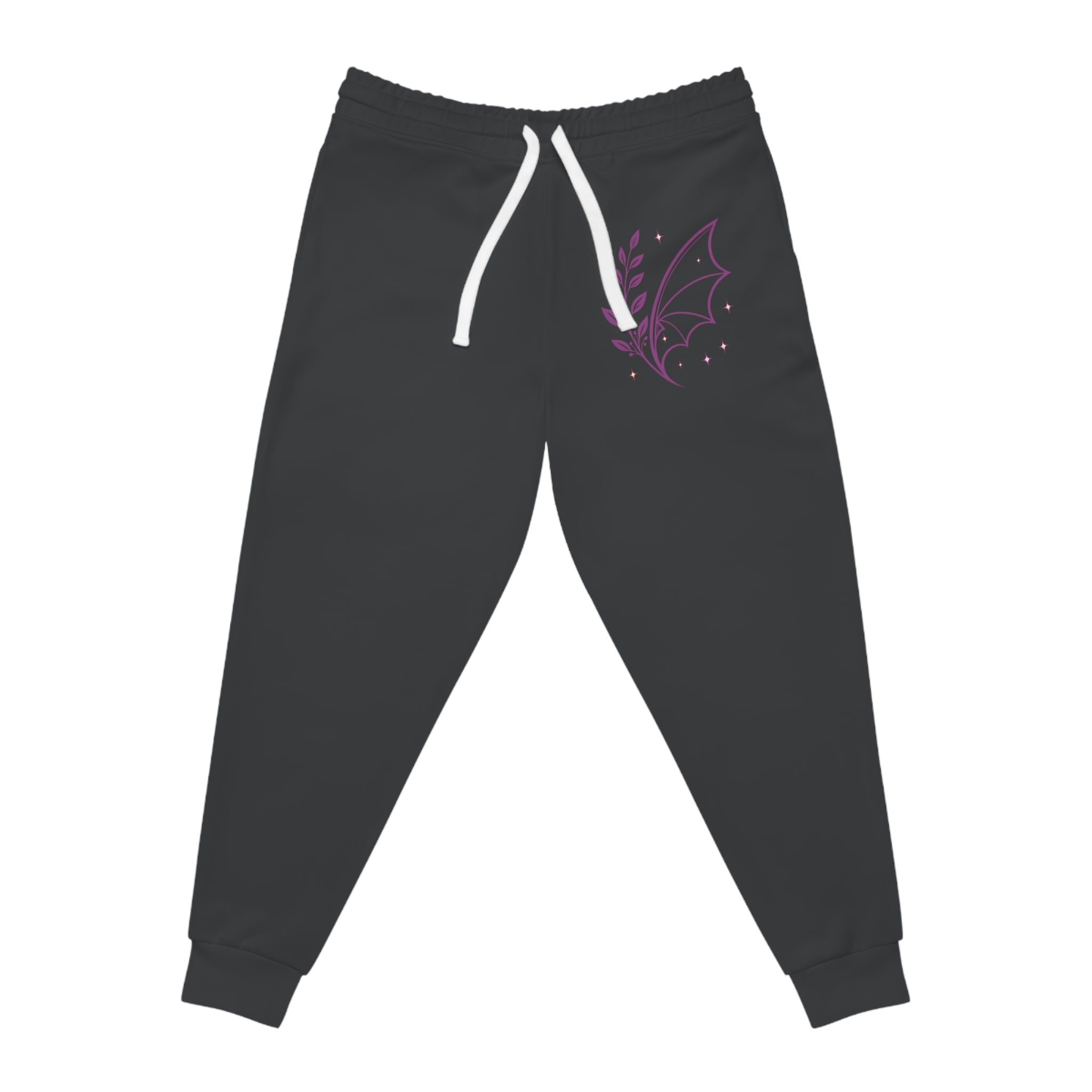 Fern & Flicker Joggers — Black Athletic Joggers with Purple Dragon Wing Plant Graphic
