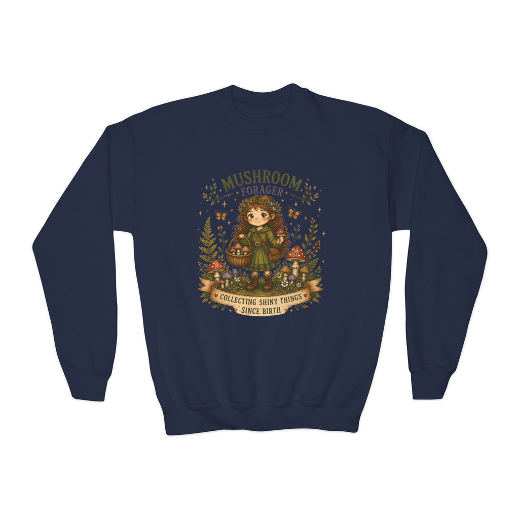 Youth Girls Mushroom Forager Crewneck Sweatshirt – Cute Woodland Kids Pullover