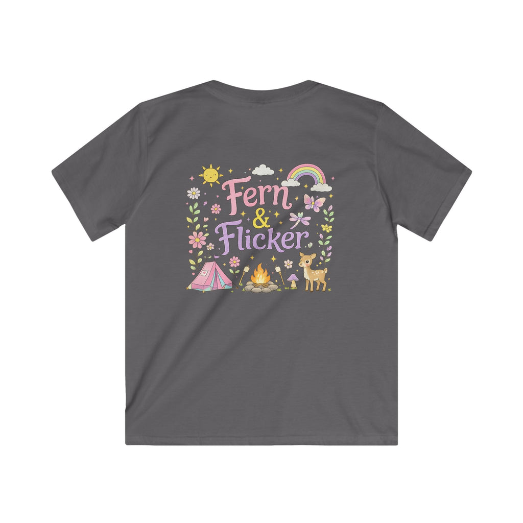 Kids Tee - "Fern & Flicker" Camping Nature Graphic Tee for Girls (Pastel Adventure, Deer & Campfire)