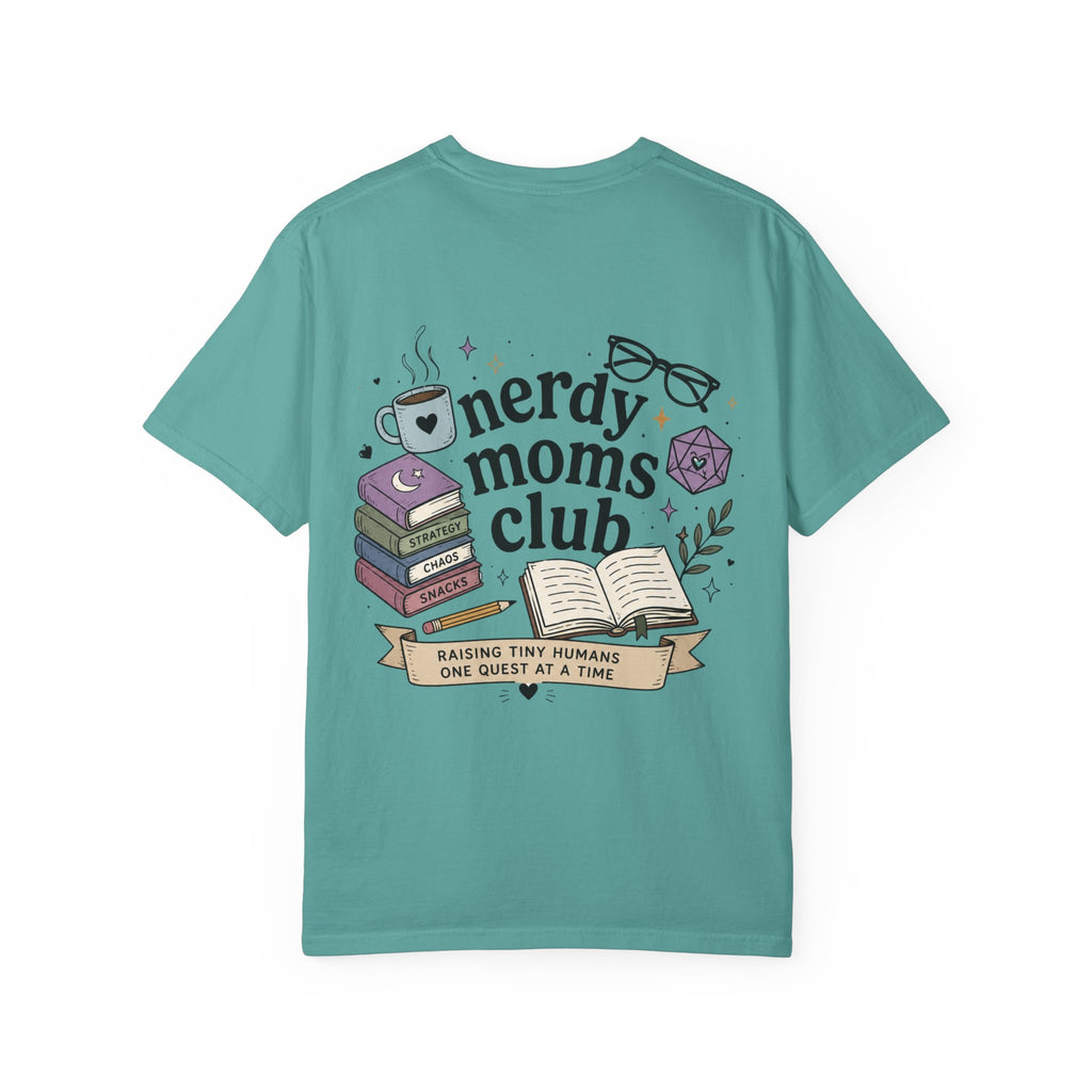 Colorful Nerdy Moms Club T-Shirt — Graphic "Raising Tiny Humans One Quest at a Time" Tee