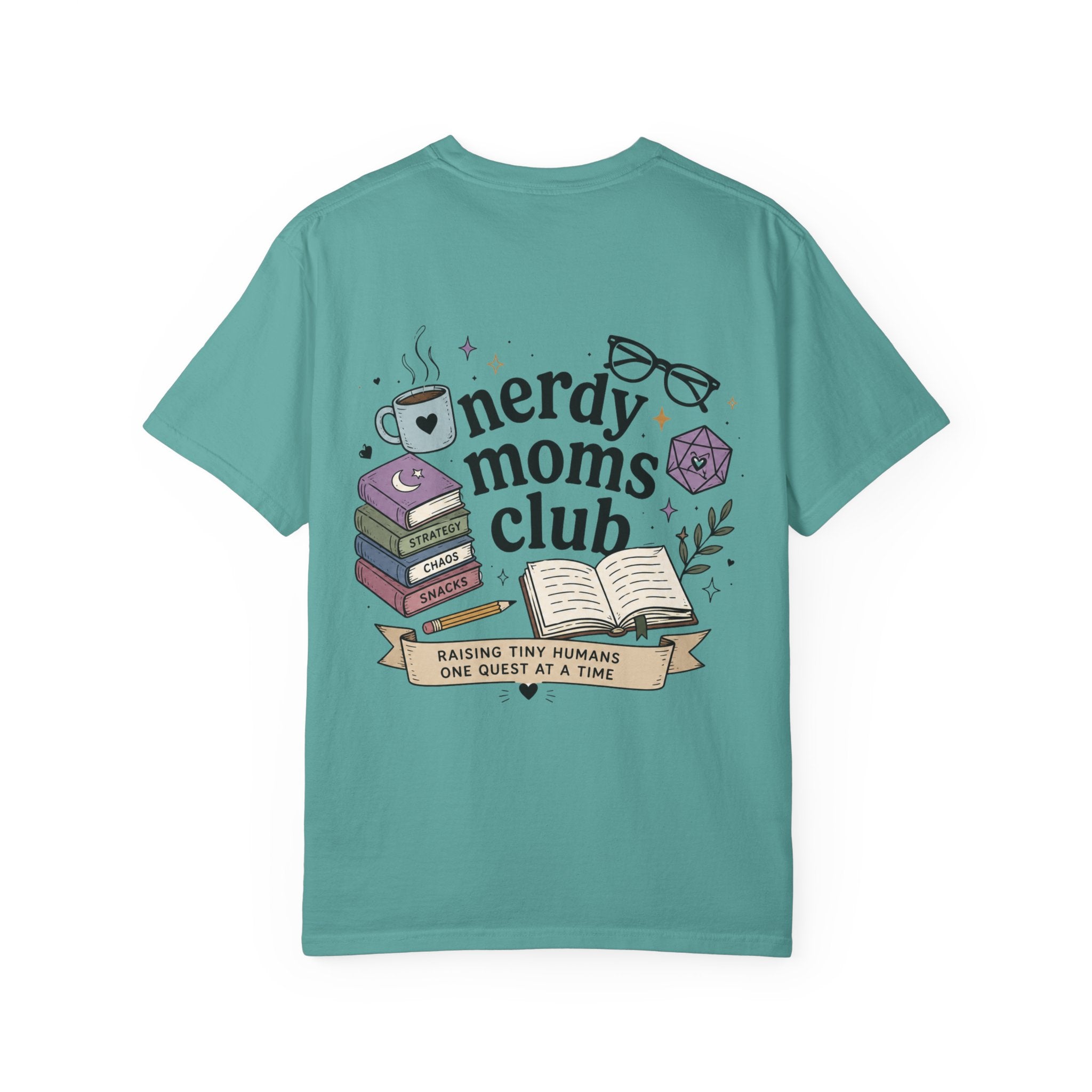 Colorful Nerdy Moms Club T-Shirt — Graphic "Raising Tiny Humans One Quest at a Time" Tee