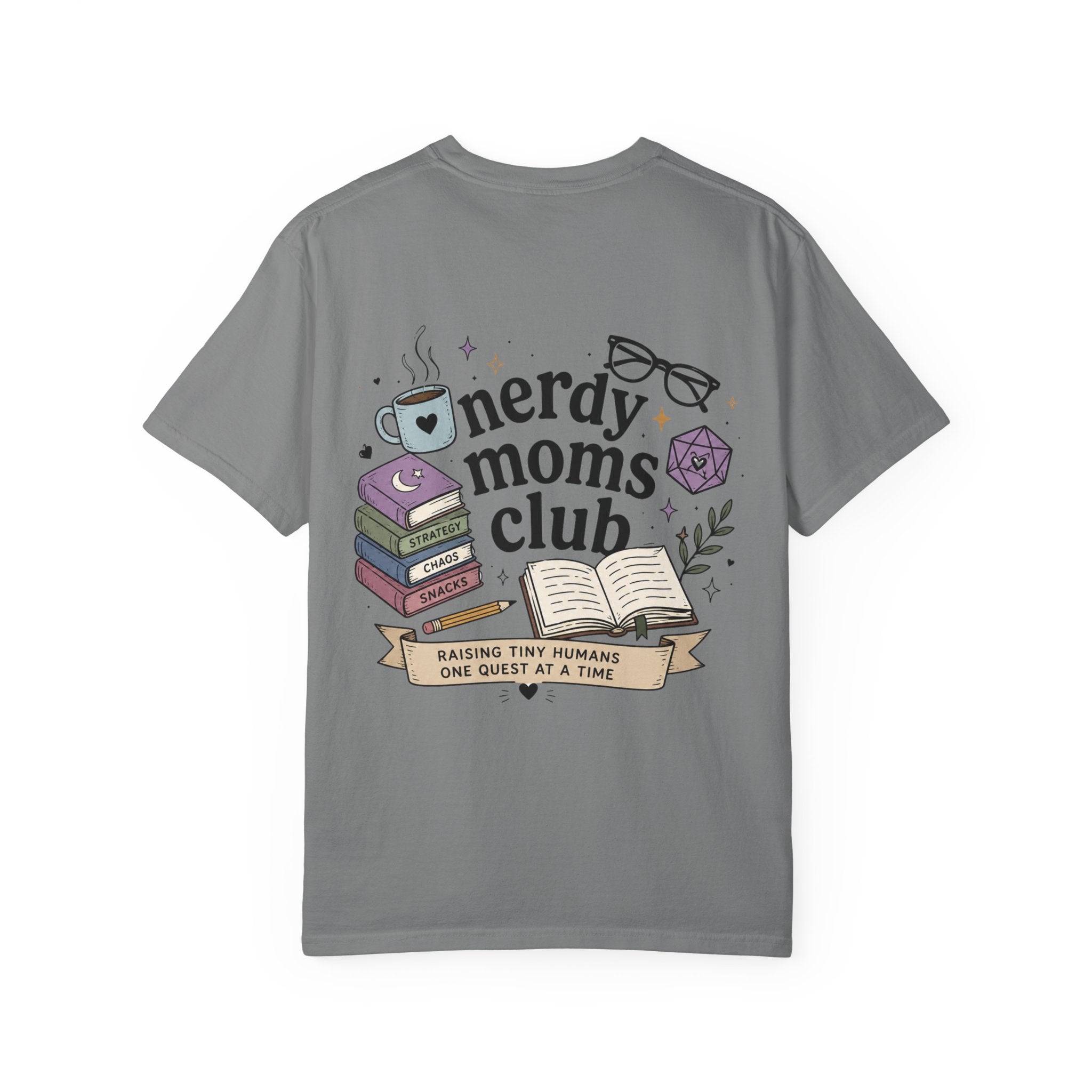 Colorful Nerdy Moms Club T-Shirt — Graphic "Raising Tiny Humans One Quest at a Time" Tee