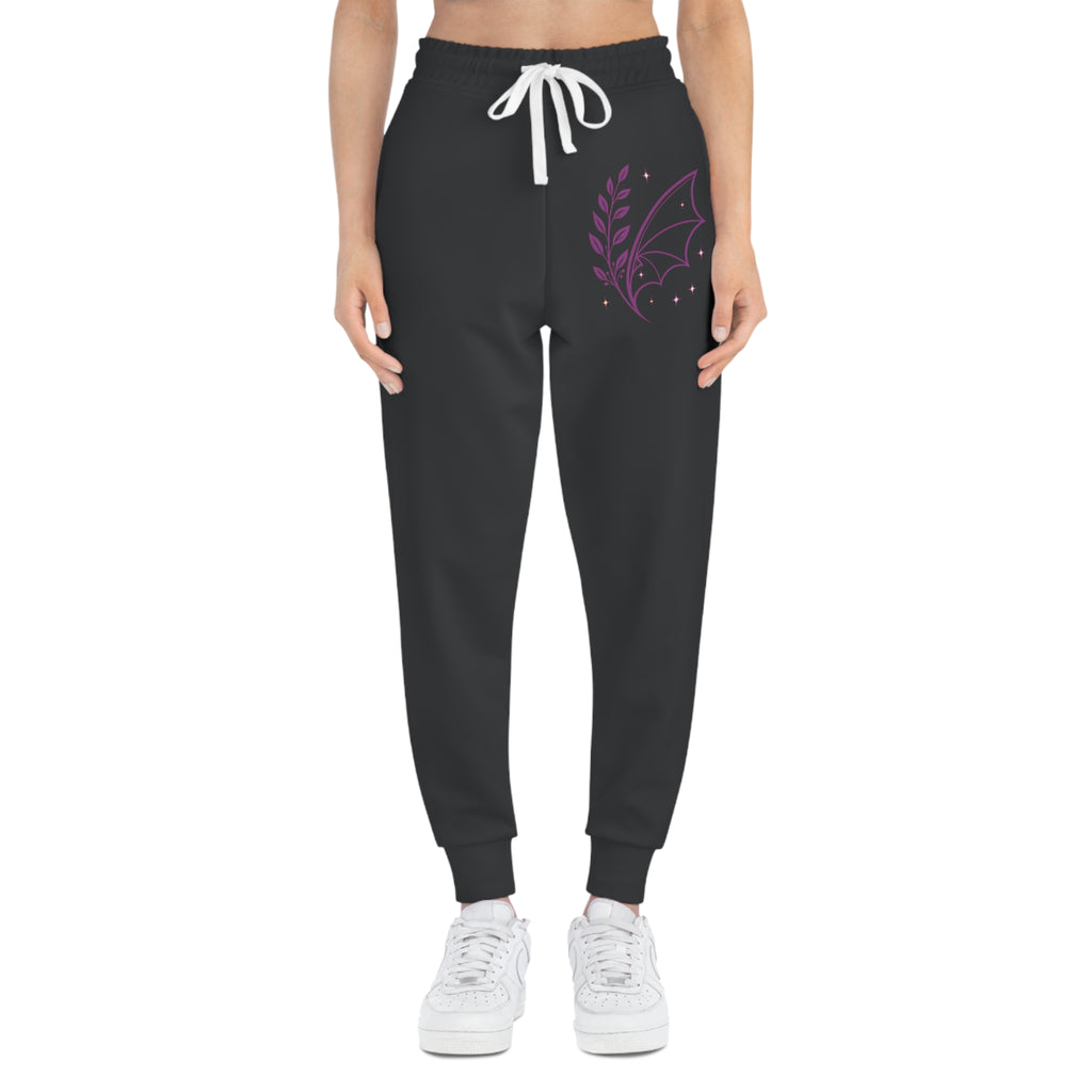 Fern & Flicker Joggers — Black Athletic Joggers with Purple Dragon Wing Plant Graphic
