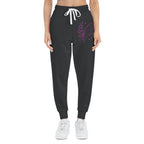 Fern & Flicker Joggers — Black Athletic Joggers with Purple Dragon Wing Plant Graphic