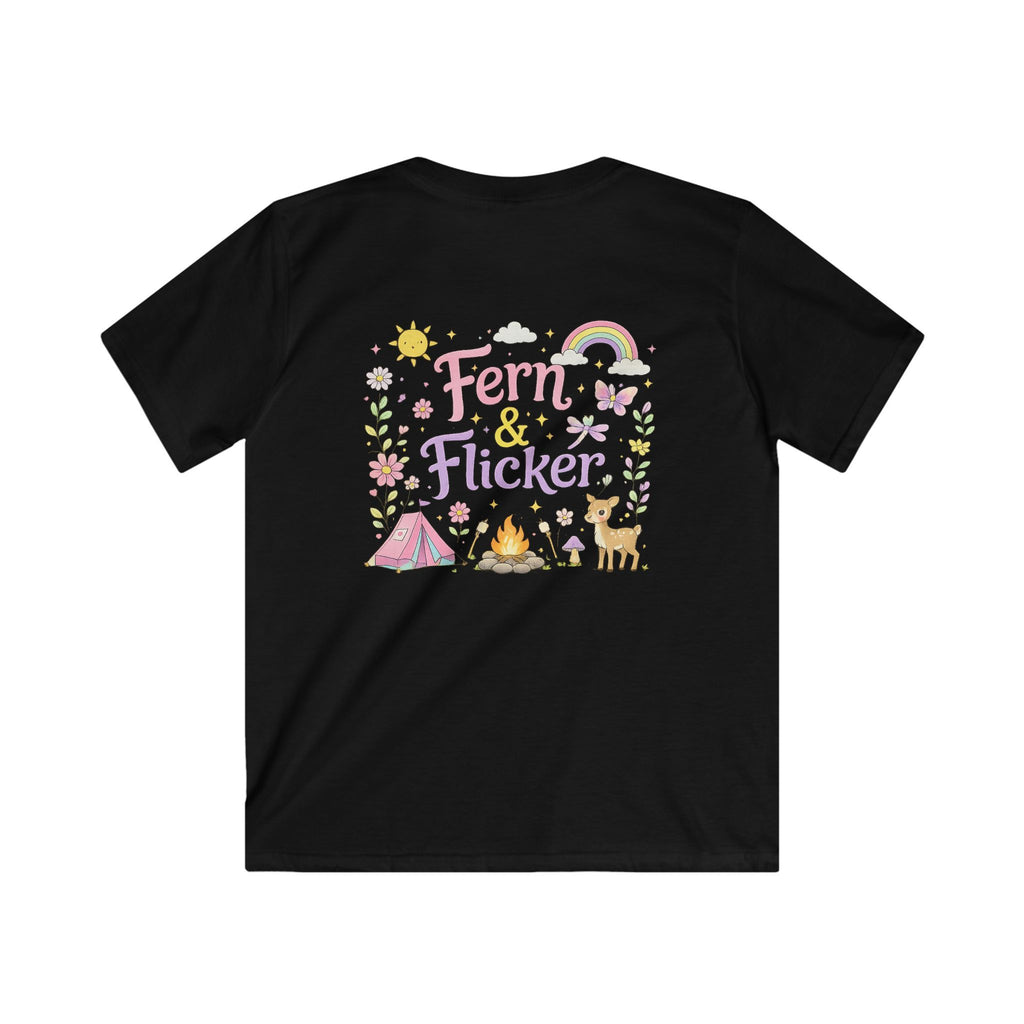 Kids Tee - "Fern & Flicker" Camping Nature Graphic Tee for Girls (Pastel Adventure, Deer & Campfire)