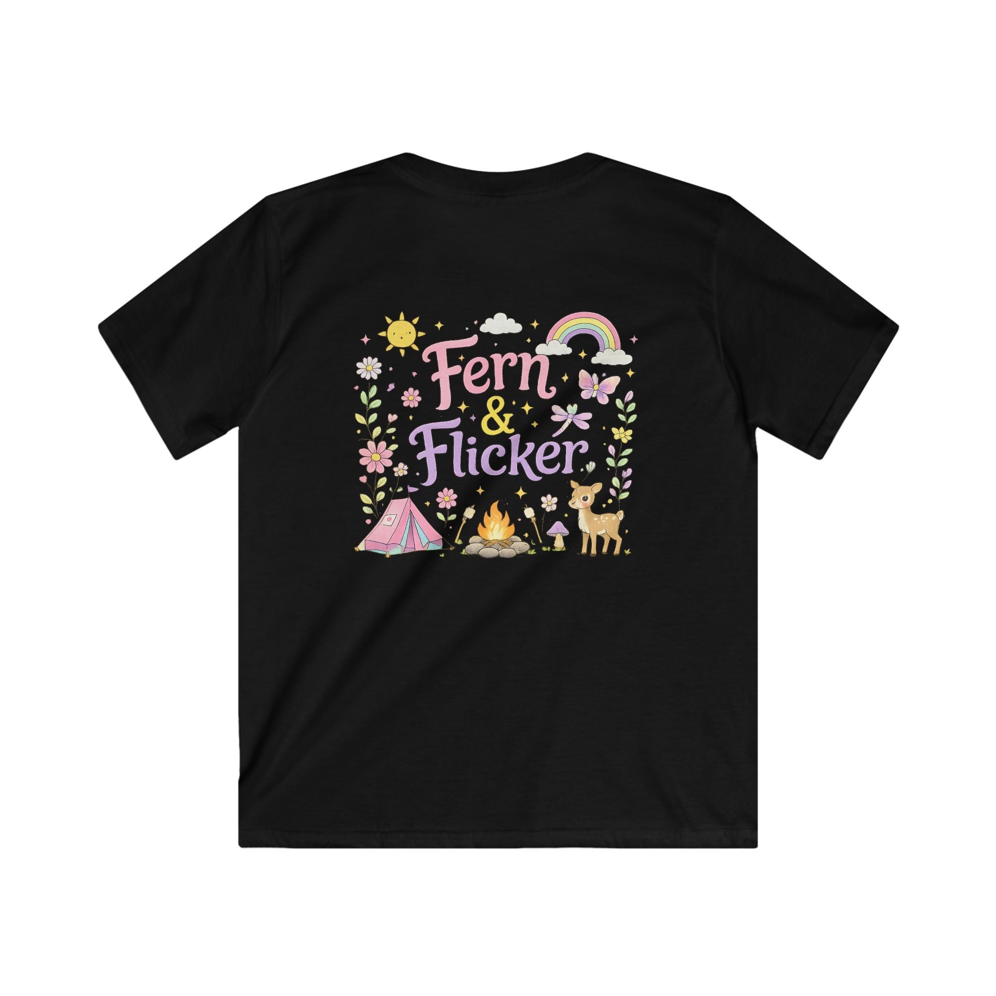 Kids Tee - "Fern & Flicker" Camping Nature Graphic Tee for Girls (Pastel Adventure, Deer & Campfire)