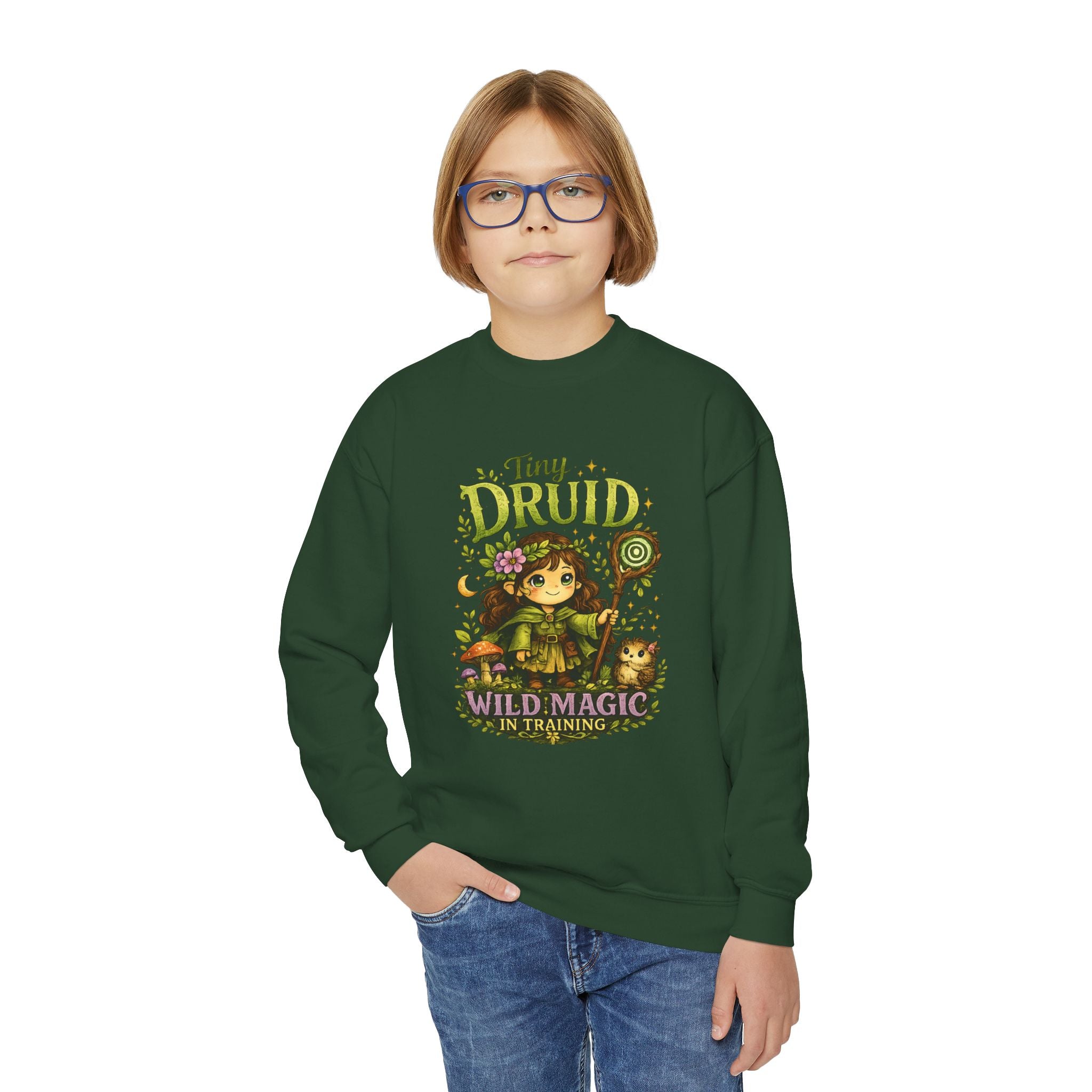 Youth Sweatshirt — 'Tiny Druid: Wild Magic in Training' Cute Fantasy Crewneck