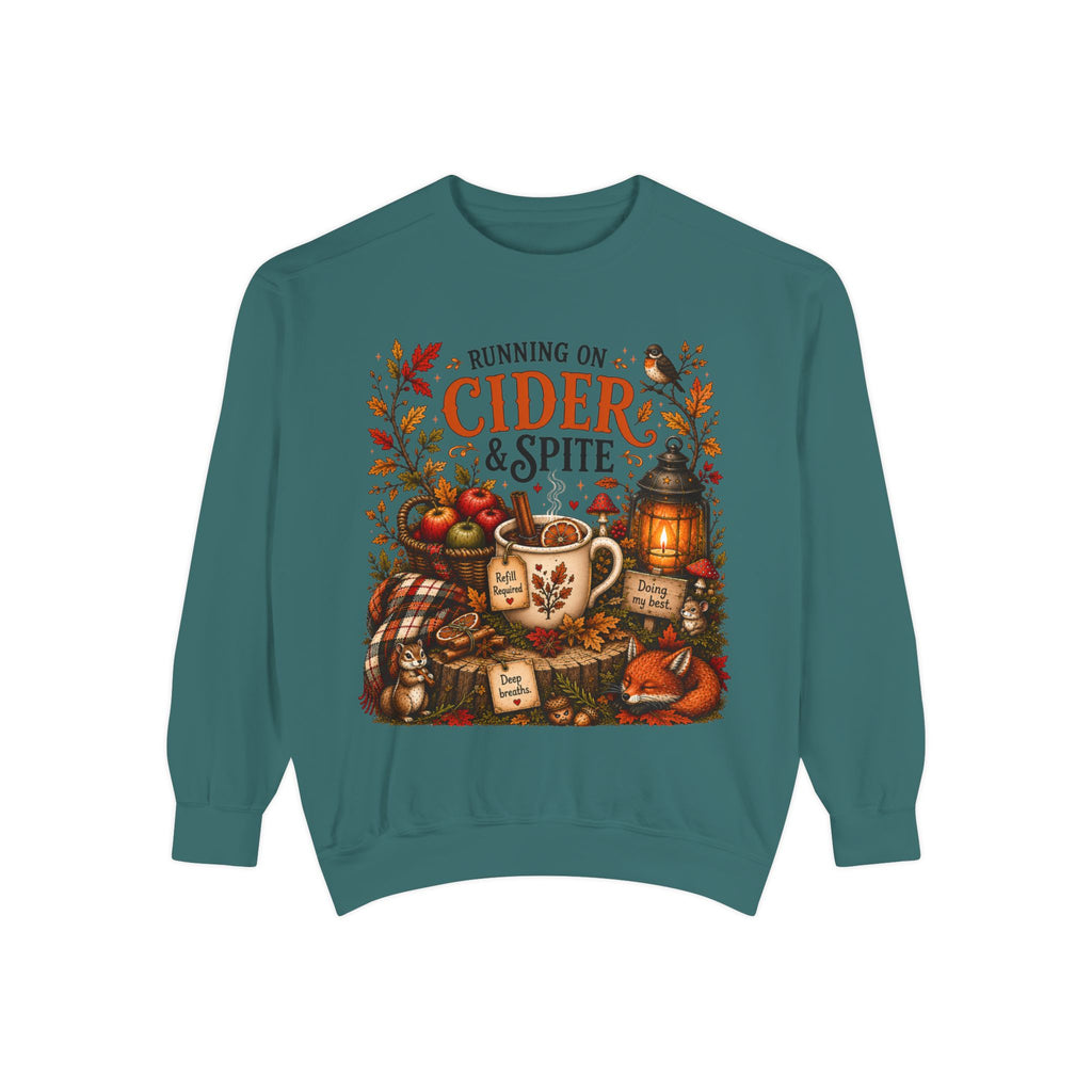 Running on Cider & Spite Cozy Funny Fall Sweatshirt