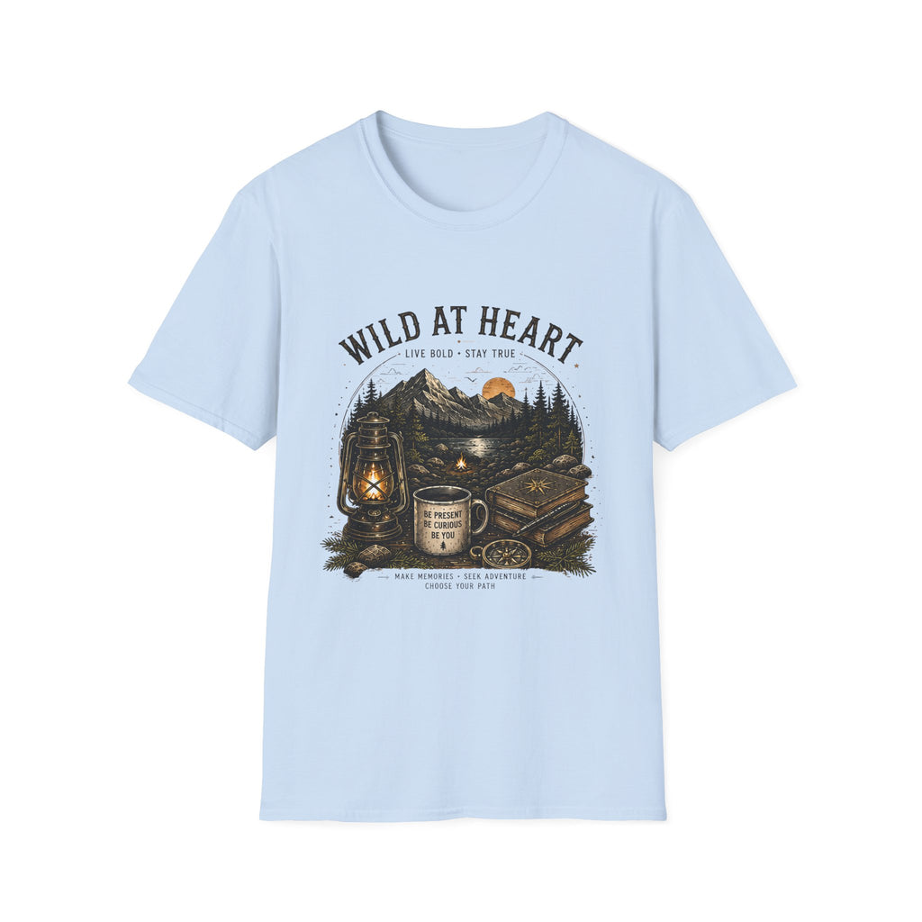 Wild At Heart T-Shirt — Mountain Sunset Adventure Tee ("Live Bold • Stay True")