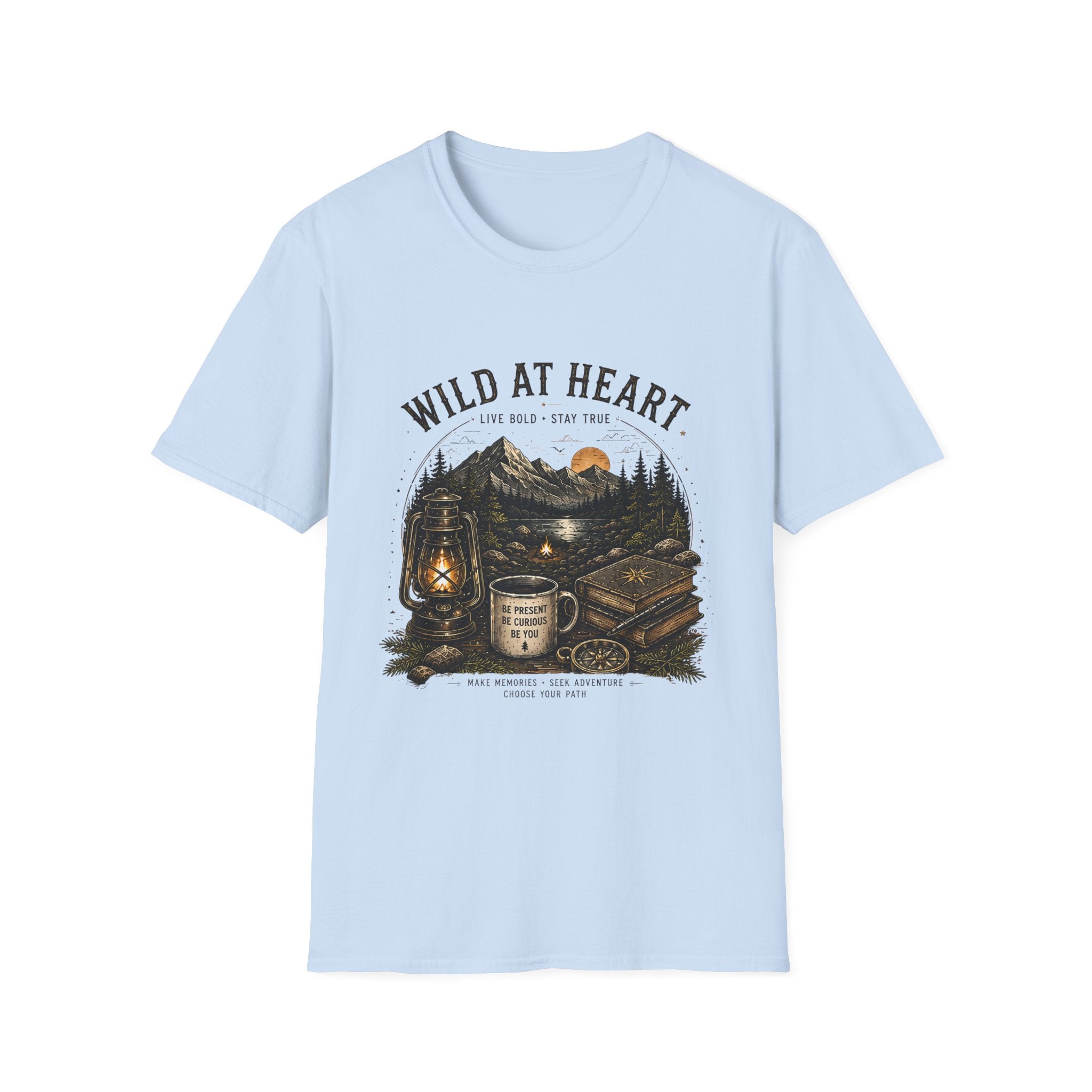 Wild At Heart T-Shirt — Mountain Sunset Adventure Tee ("Live Bold • Stay True")
