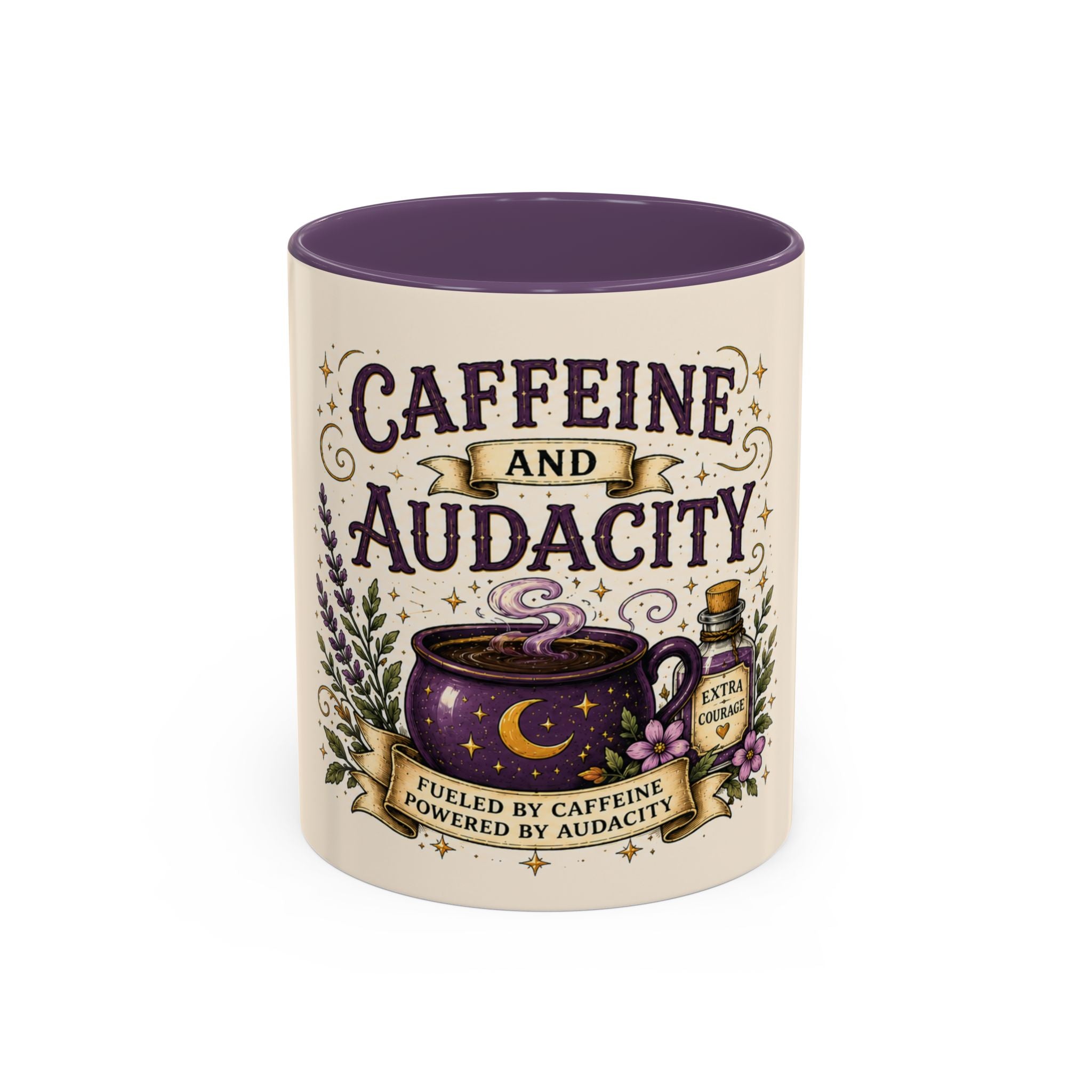 Caffeine and Audacity Coffee Mug — 11/15oz Accent Ceramic Mug (witchy, floral coffee design)