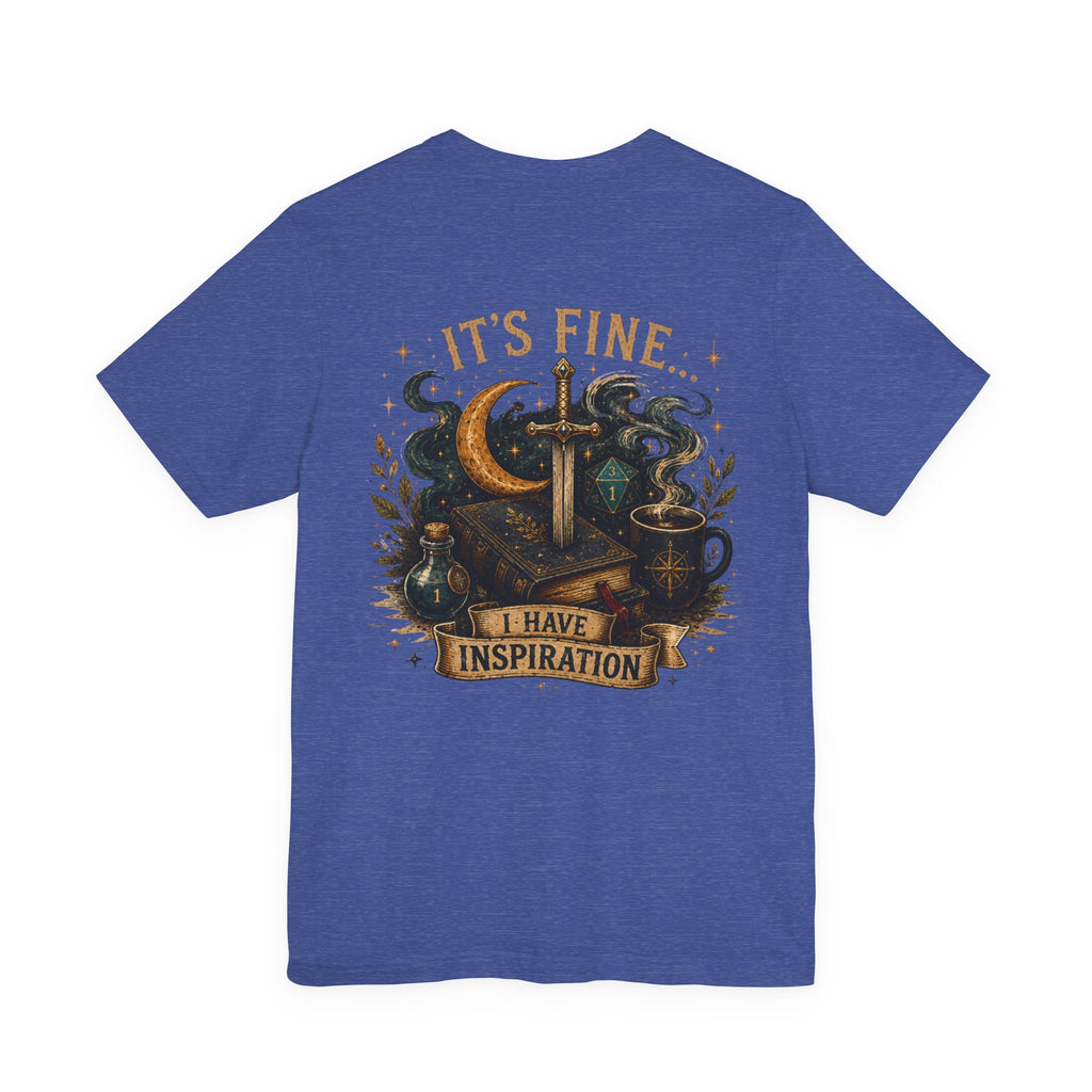 “It’s Fine I Have Inspiration” Sword & Books Fantasy Graphic T‑Shirt