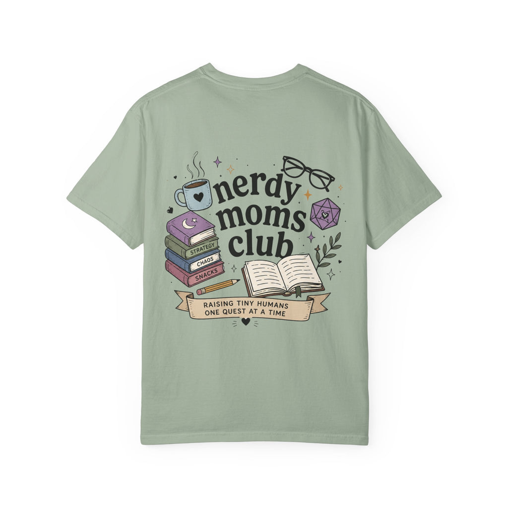 Colorful Nerdy Moms Club T-Shirt — Graphic "Raising Tiny Humans One Quest at a Time" Tee