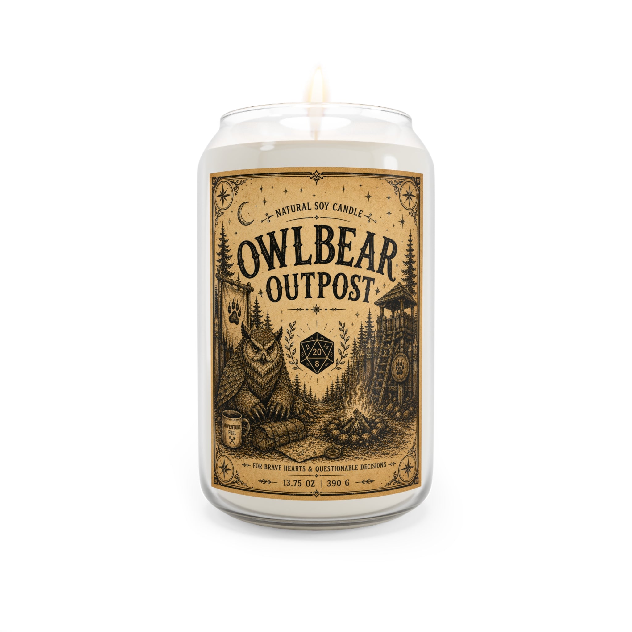 Owlbear Outpost Scented Soy Candle — 13.75 oz (Woodland Campfire Aroma)