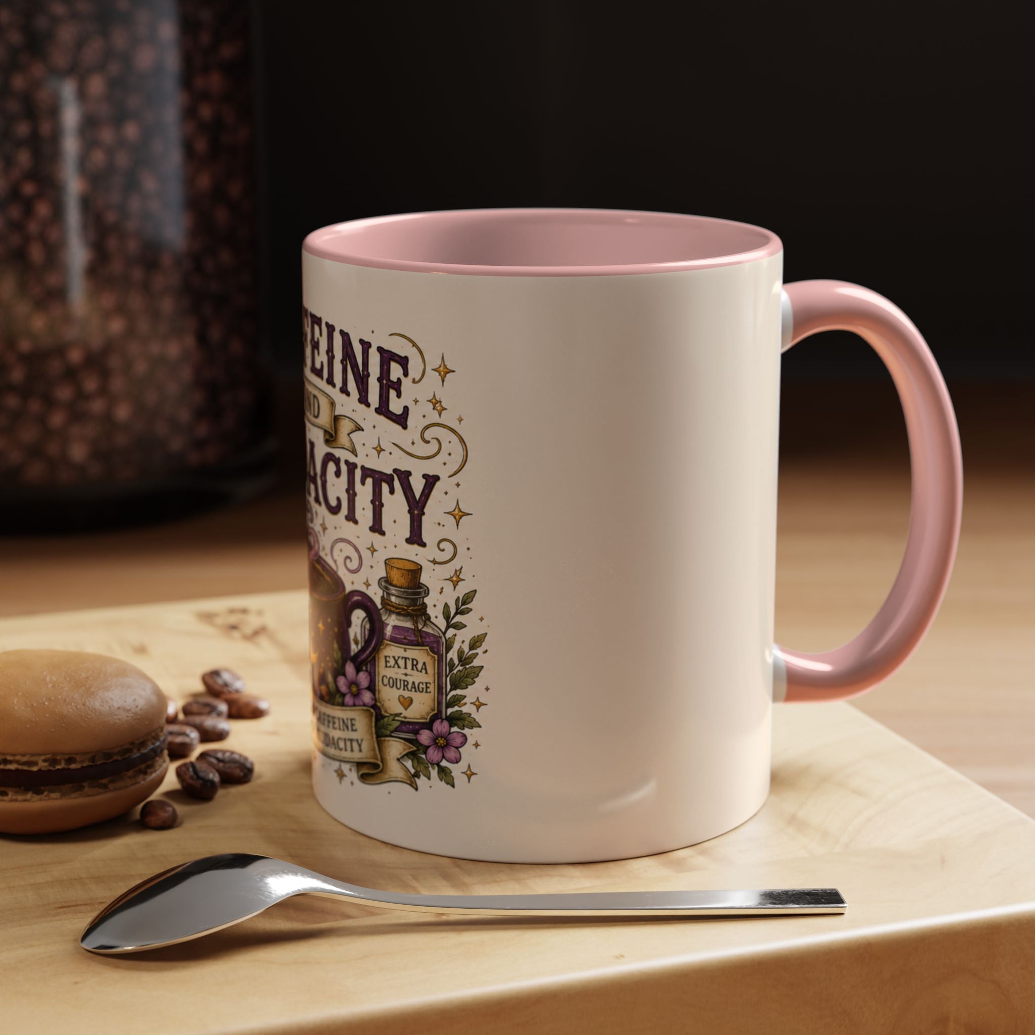Caffeine and Audacity Coffee Mug — 11/15oz Accent Ceramic Mug (witchy, floral coffee design)