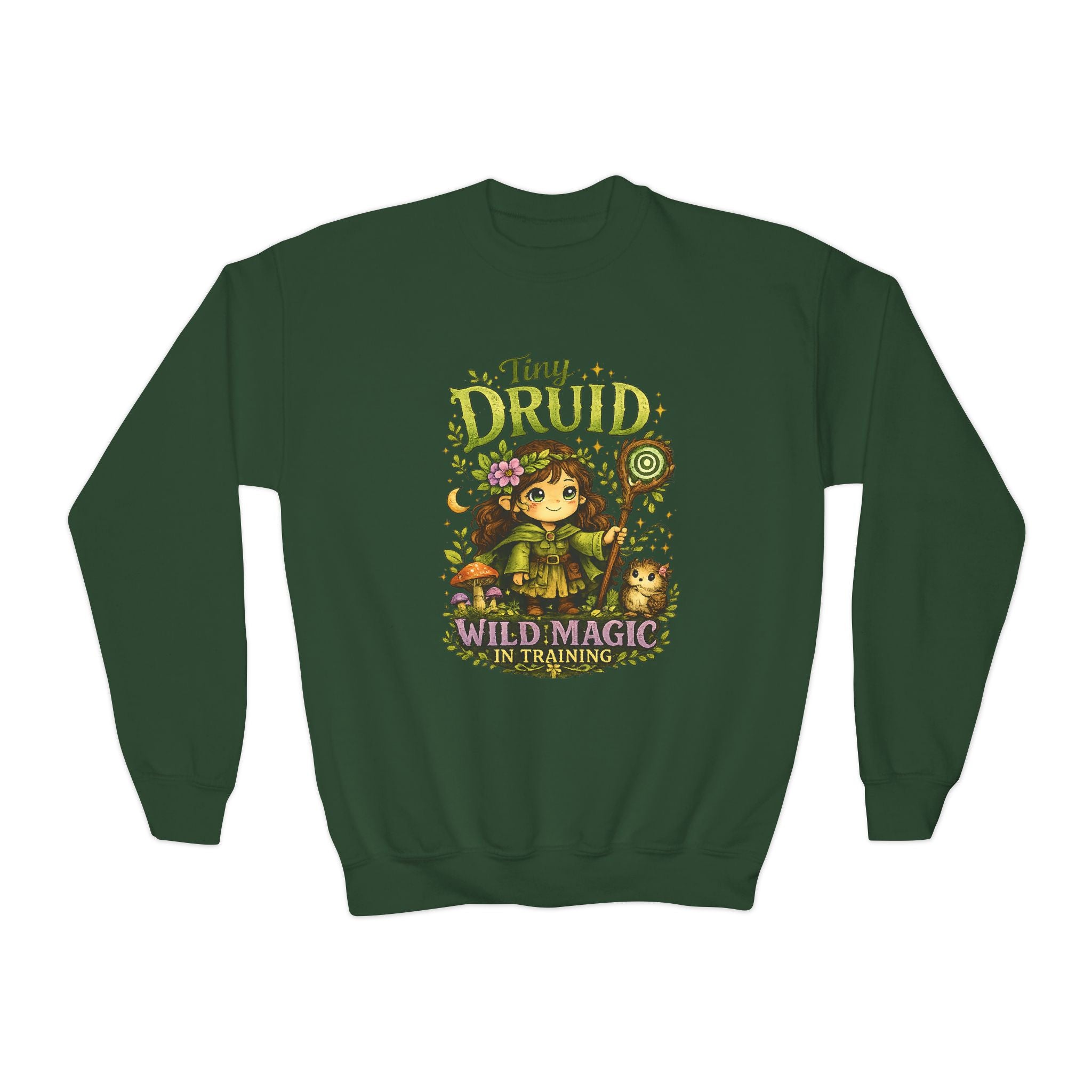 Youth Sweatshirt — 'Tiny Druid: Wild Magic in Training' Cute Fantasy Crewneck
