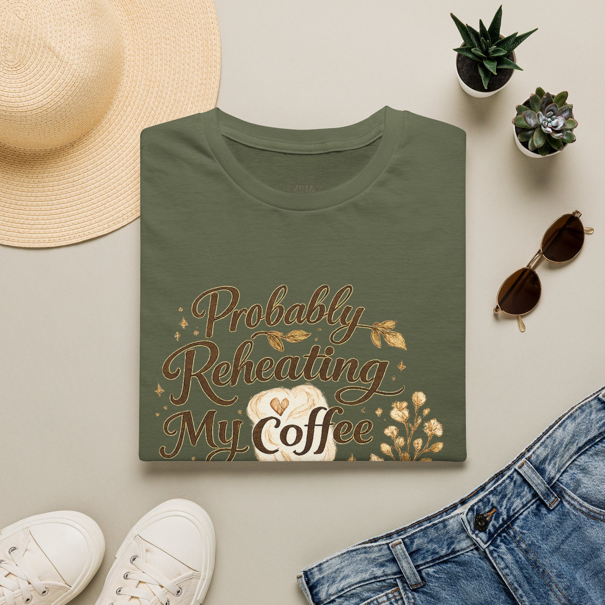 Coffee T‑Shirt — "Probably Reheating My Coffee" Cozy Floral Mug Tee