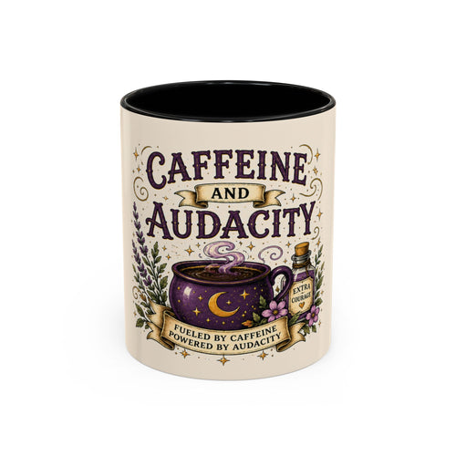 Caffeine and Audacity Coffee Mug — 11/15oz Accent Ceramic Mug (witchy, floral coffee design)