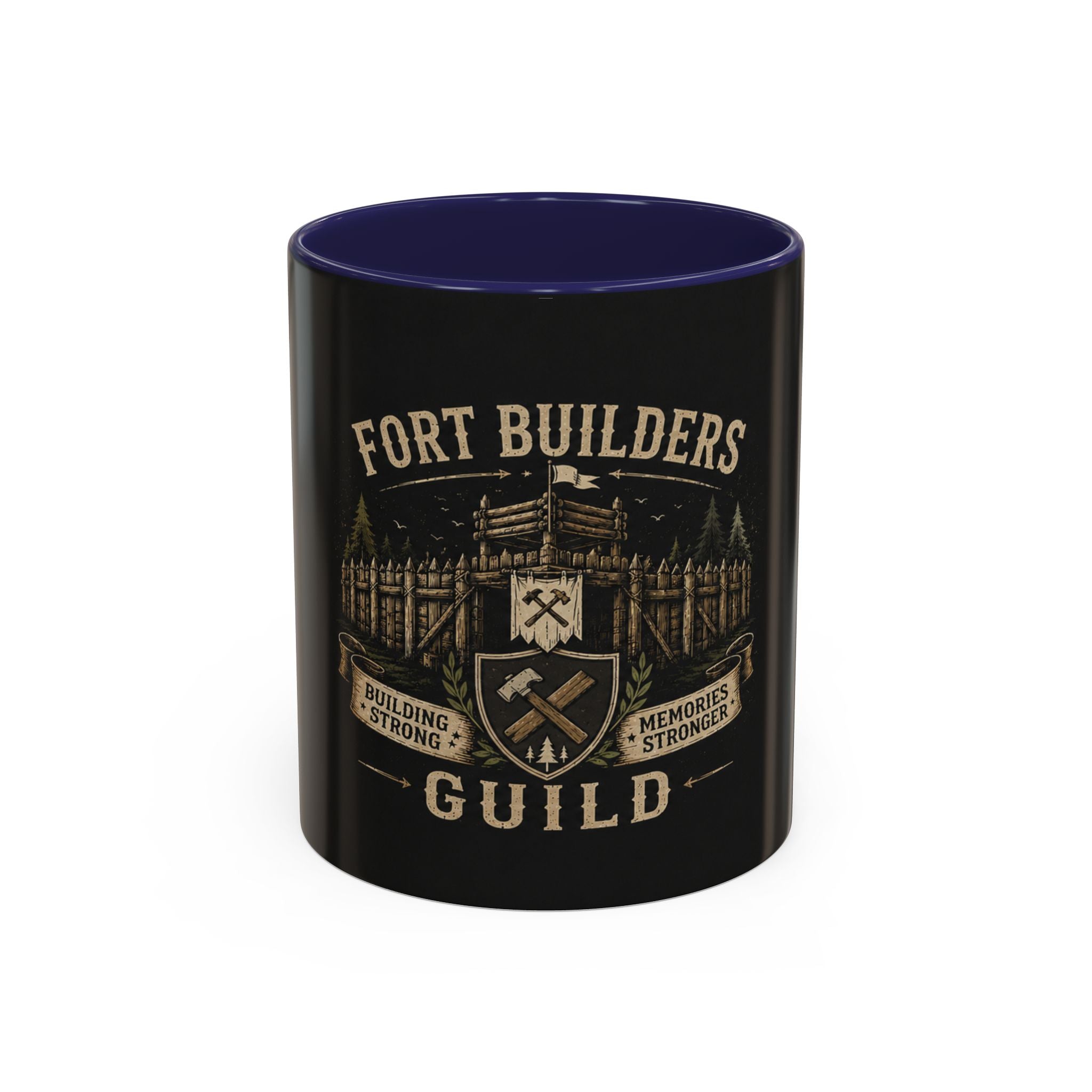 Fort Builders Guild Coffee Mug — Rustic Gamer Fort-Building Design (11oz)