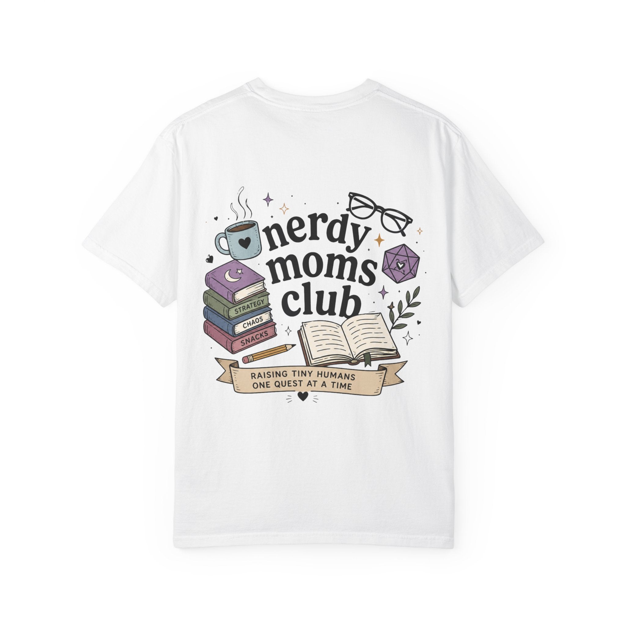 Colorful Nerdy Moms Club T-Shirt — Graphic "Raising Tiny Humans One Quest at a Time" Tee