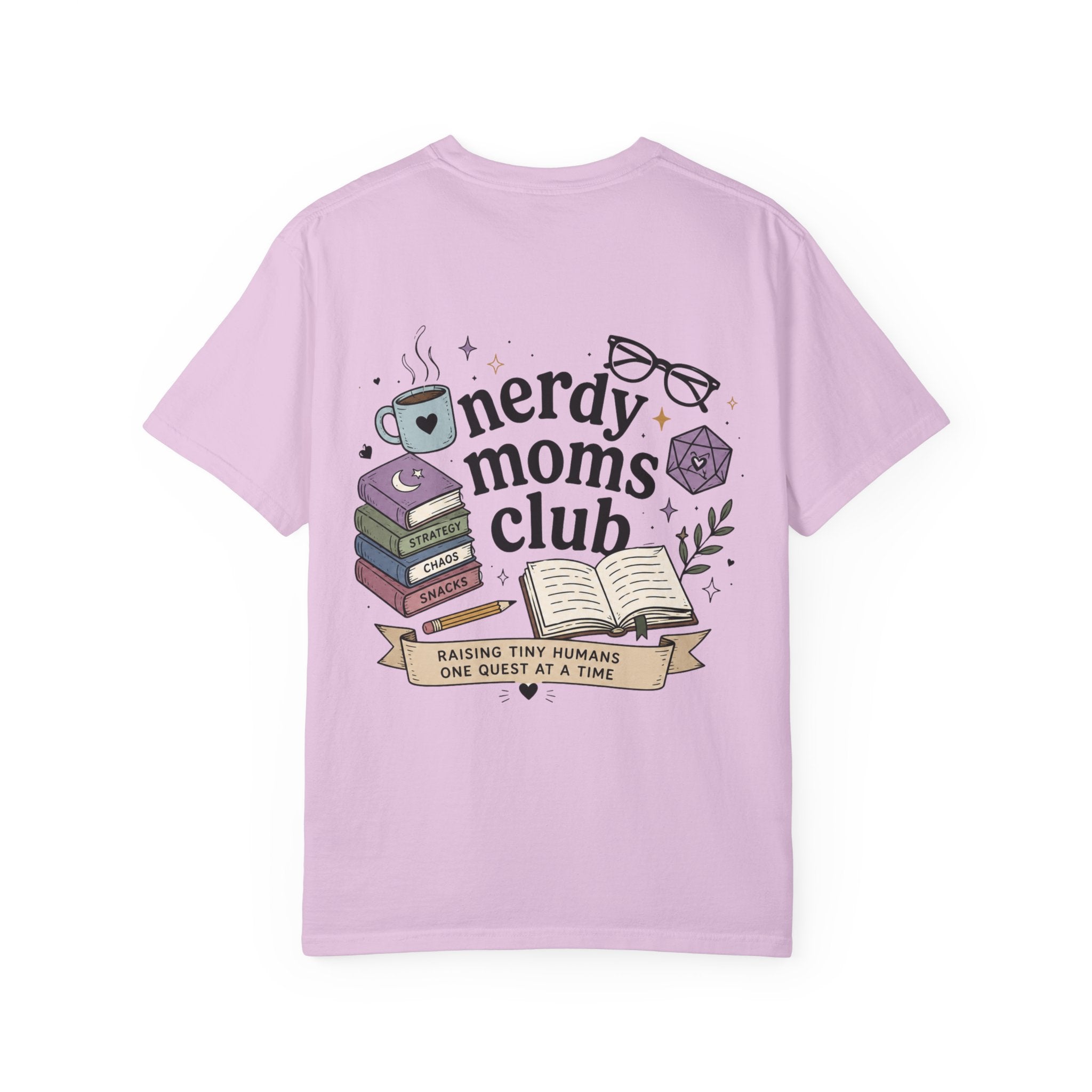 Colorful Nerdy Moms Club T-Shirt — Graphic "Raising Tiny Humans One Quest at a Time" Tee
