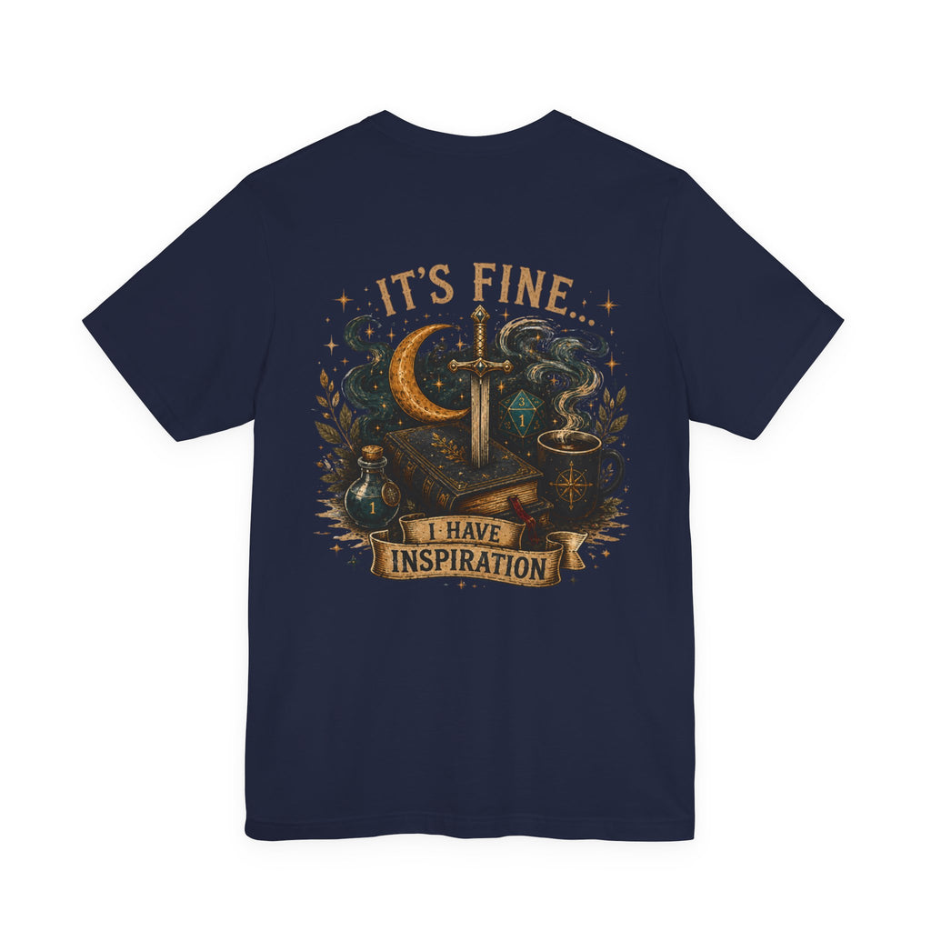 “It’s Fine I Have Inspiration” Sword & Books Fantasy Graphic T‑Shirt