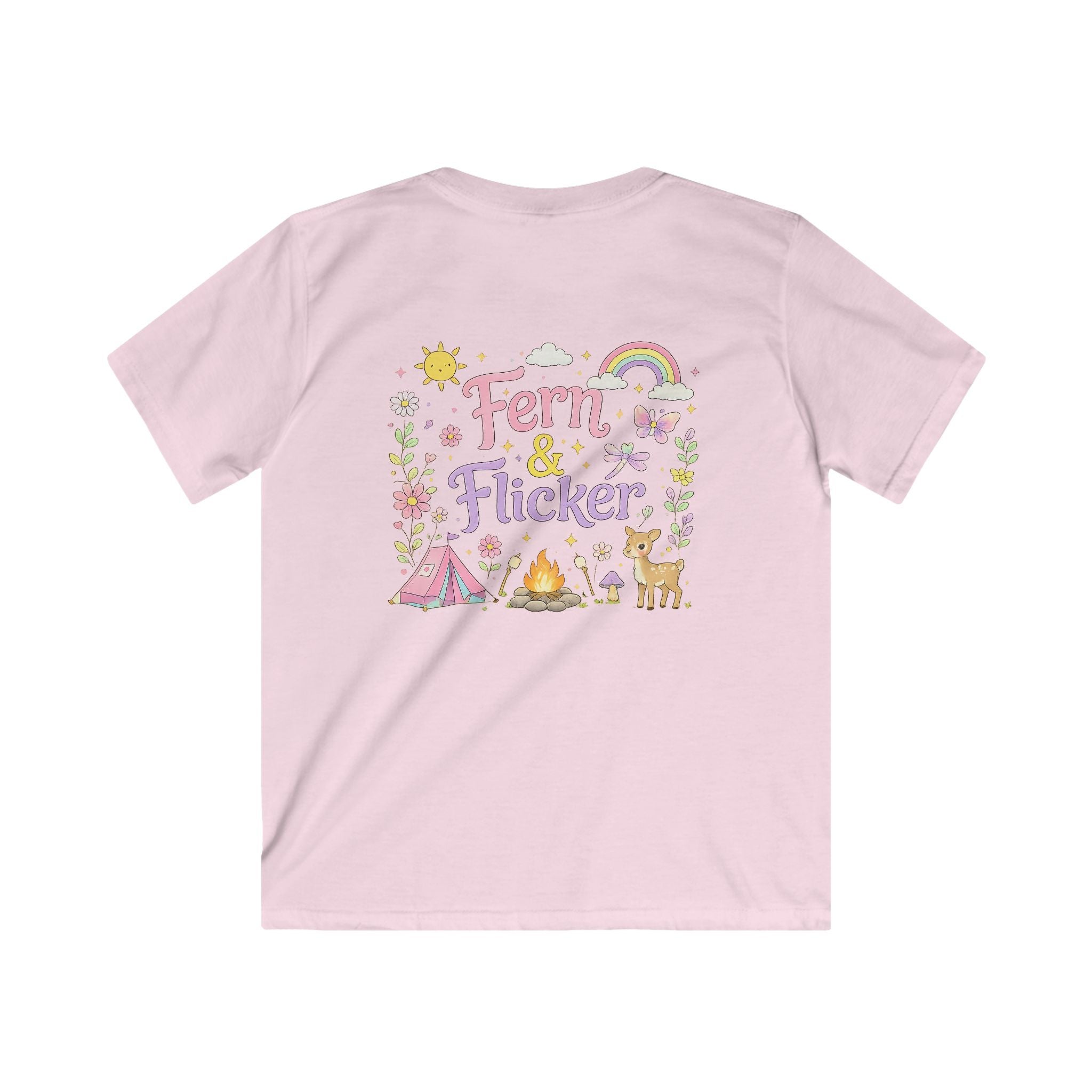 Kids Tee - "Fern & Flicker" Camping Nature Graphic Tee for Girls (Pastel Adventure, Deer & Campfire)