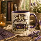 Caffeine and Audacity Coffee Mug — 11/15oz Accent Ceramic Mug (witchy, floral coffee design)