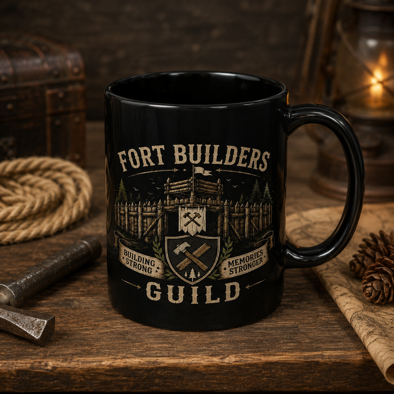 Fort Builders Guild Coffee Mug — Rustic Gamer Fort-Building Design (11oz)