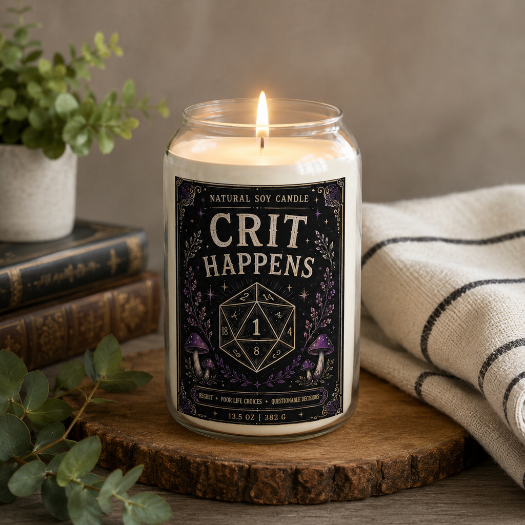 Crit Happens Soy Candle — Scented 13.75oz Gamer D20 Candle