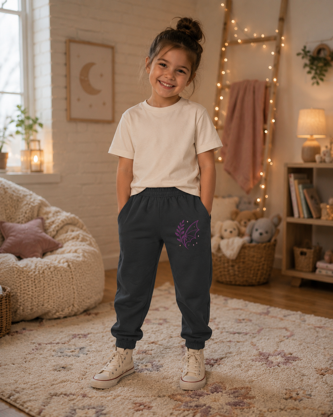 Youth Joggers with Purple Dragon & Fern Graphic — Kids Fantasy Athletic Pants