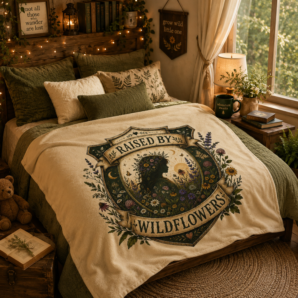 Velveteen Plush Blanket — "Raised by Wildflowers" Floral Silhouette Throw