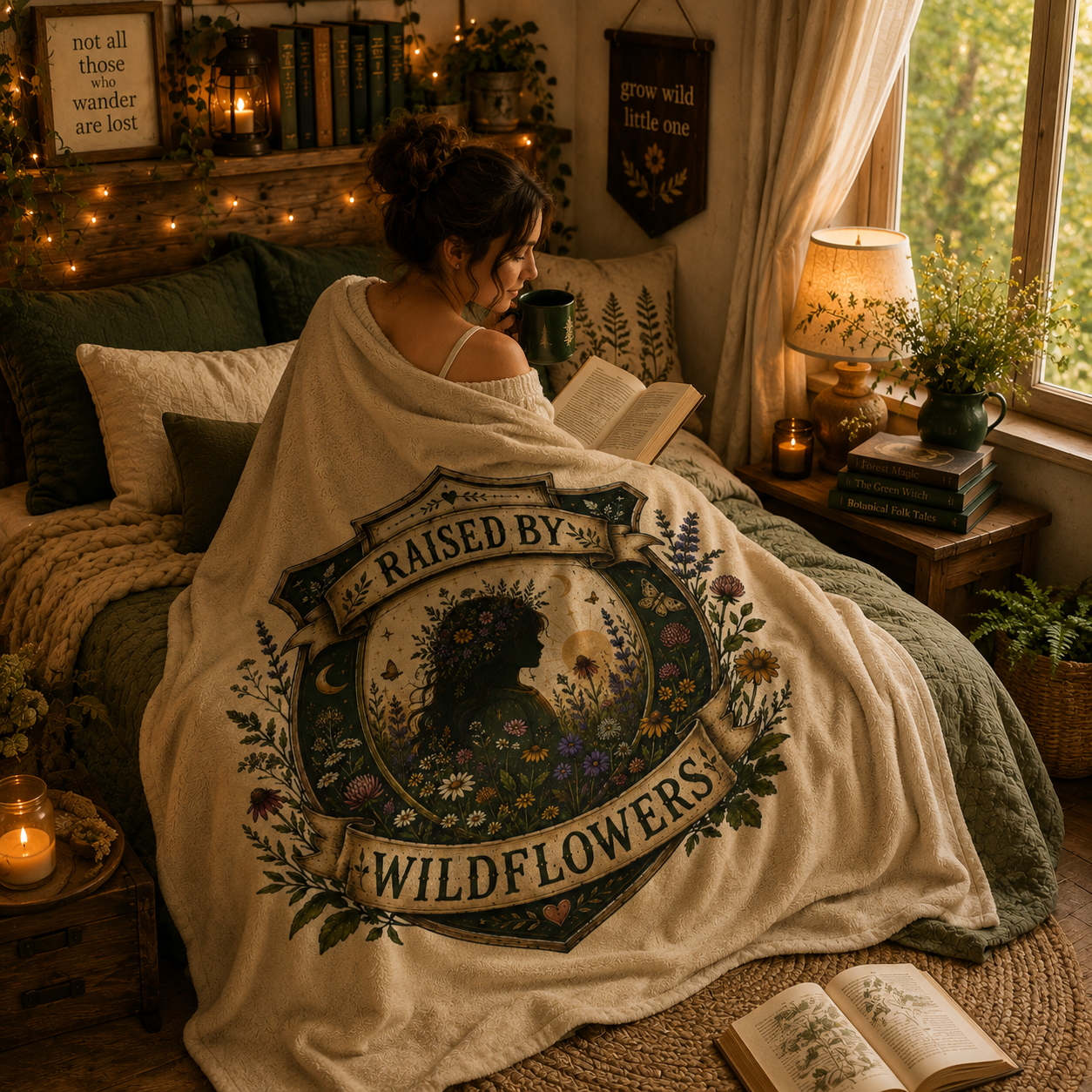 Velveteen Plush Blanket — "Raised by Wildflowers" Floral Silhouette Throw
