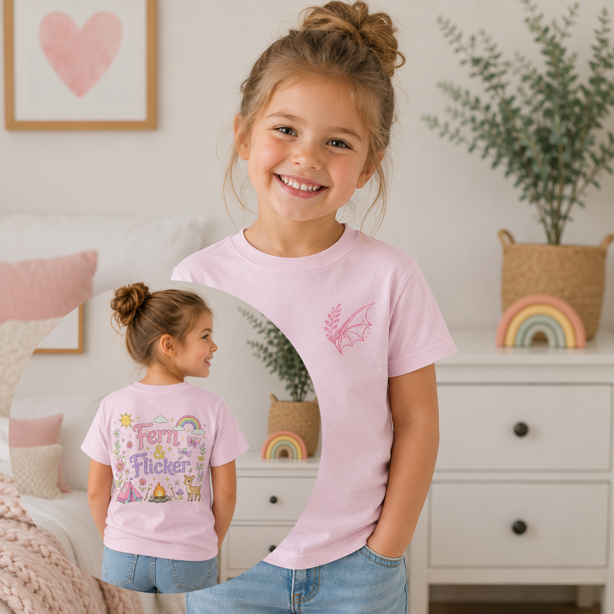 Kids Tee - "Fern & Flicker" Camping Nature Graphic Tee for Girls (Pastel Adventure, Deer & Campfire)