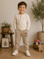 Mushroom Meadow Youth Joggers – Cozy Beige Kids Sweatpants with Whimsical Fungi Print