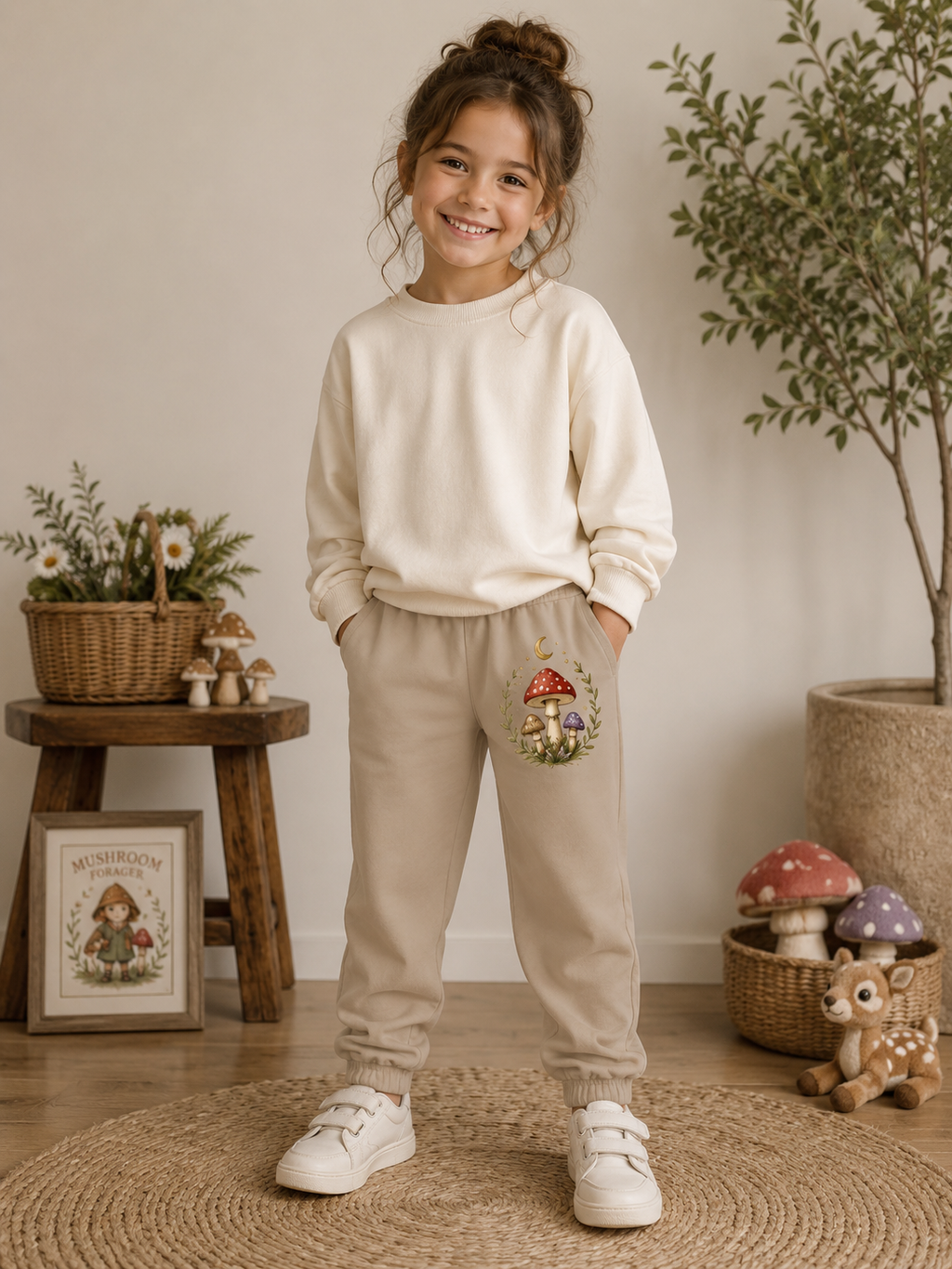 Mushroom Meadow Youth Joggers – Cozy Beige Kids Sweatpants with Whimsical Fungi Print