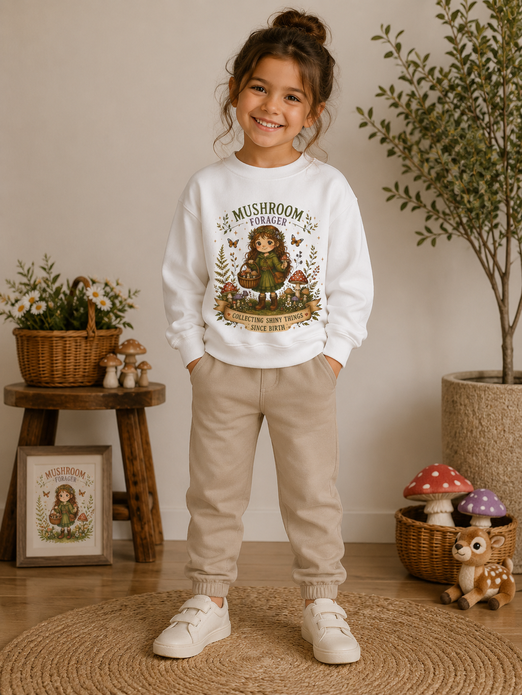 Youth Girls Mushroom Forager Crewneck Sweatshirt – Cute Woodland Kids Pullover