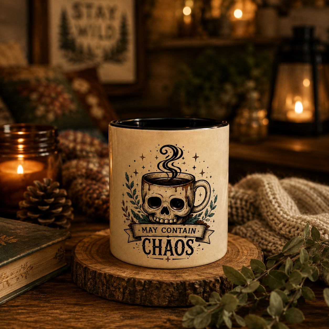 May Contain Chaos Coffee Mug — Skull Coffee Cup Accent