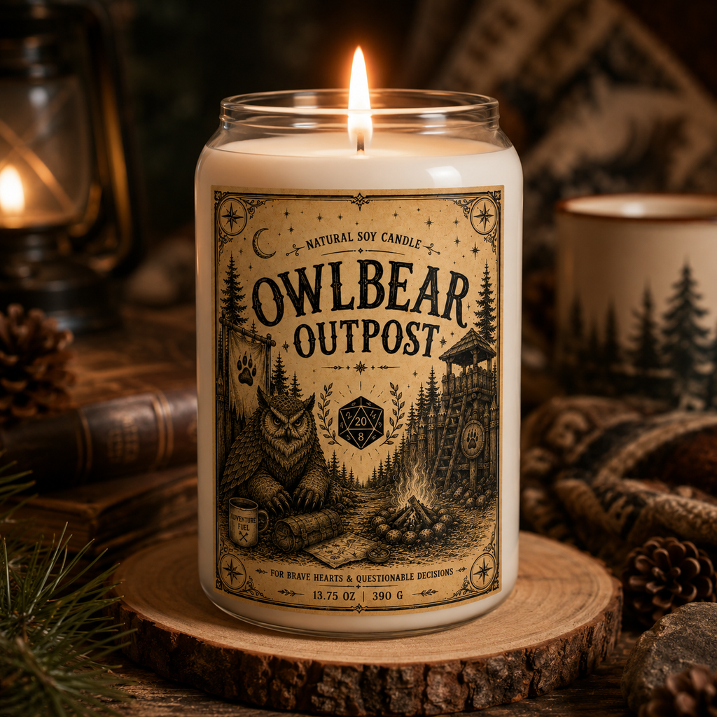 Owlbear Outpost Scented Soy Candle — 13.75 oz (Woodland Campfire Aroma)