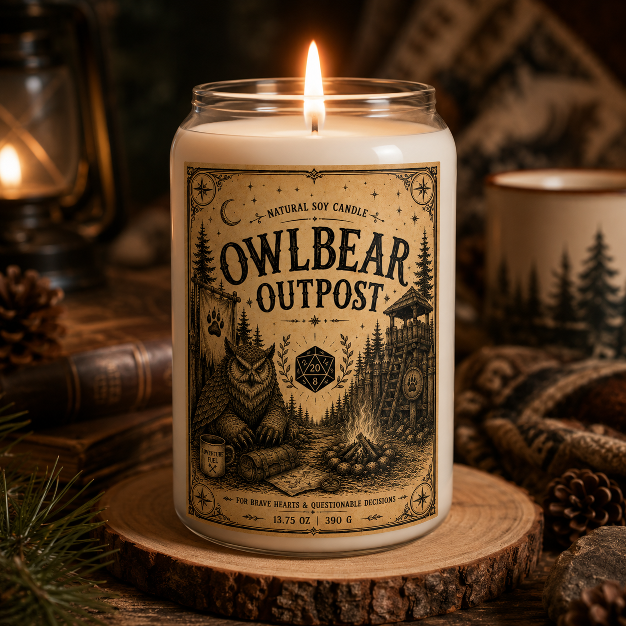 Owlbear Outpost Scented Soy Candle — 13.75 oz (Woodland Campfire Aroma)