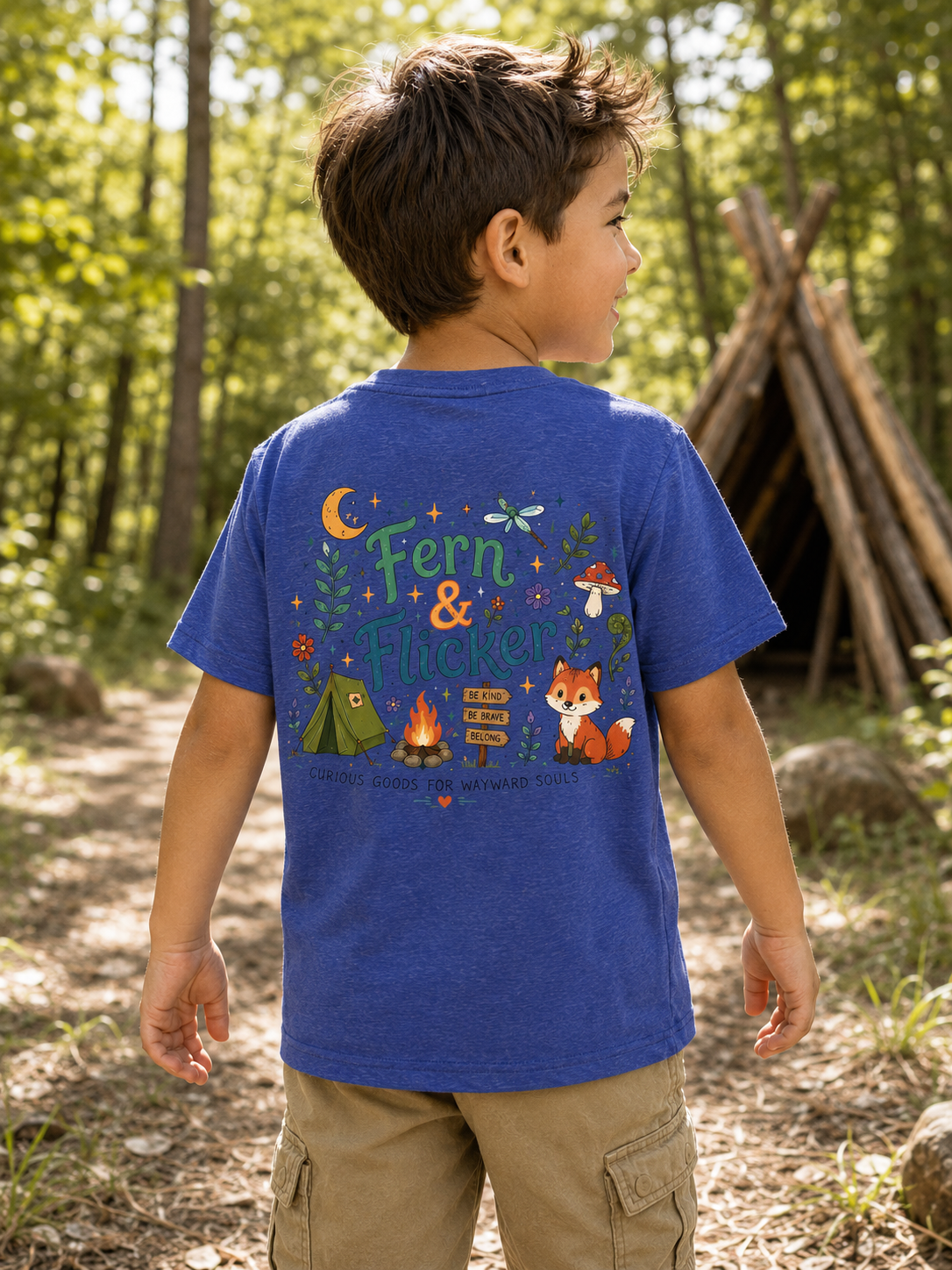 Fern & Flicker Camping Graphic Shirt (Cute Fox, Tent & Campfire Kids Tee)