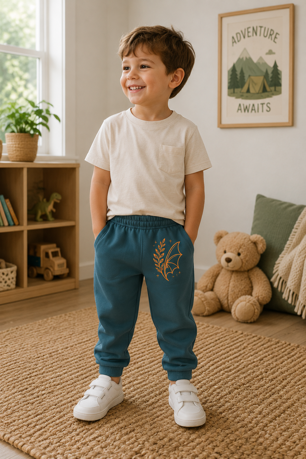Fern & Flicker Boys Sweatpants — Orange Dragon Wing and Laurel Graphic Sweatpants for Kids