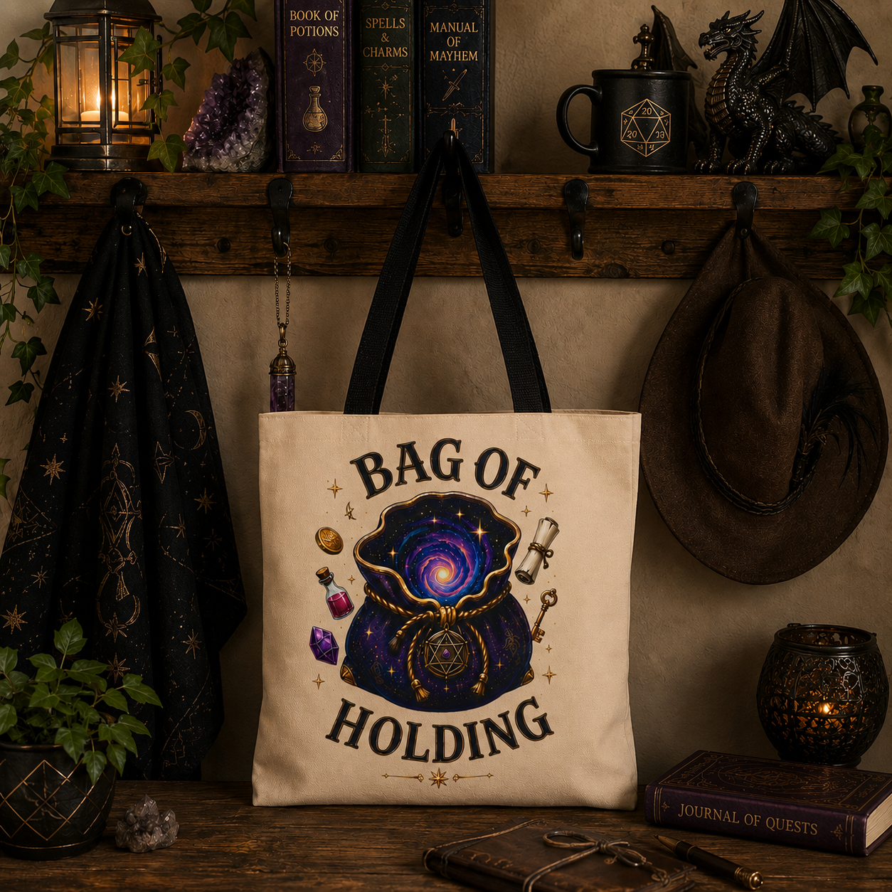 Adventurer's "Bottomless" Tote Bag - Magical Fantasy Tote (Galaxy Spellbook Design)