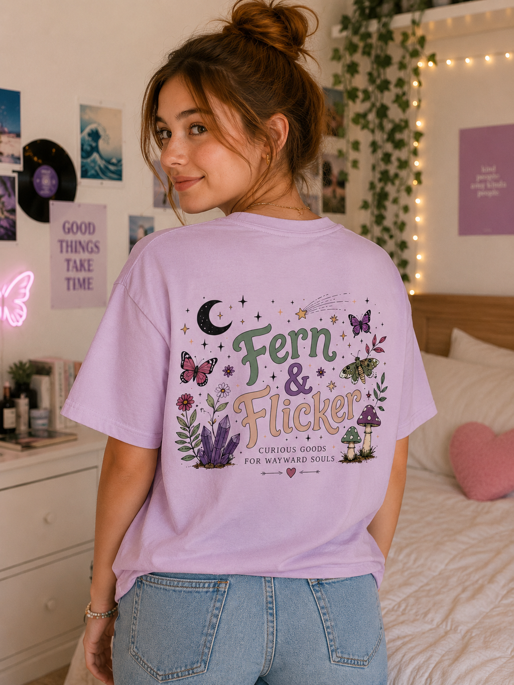 Fern & Flicker Teen Girls T-Shirt — Whimsical Botanical Moon Garden Tee