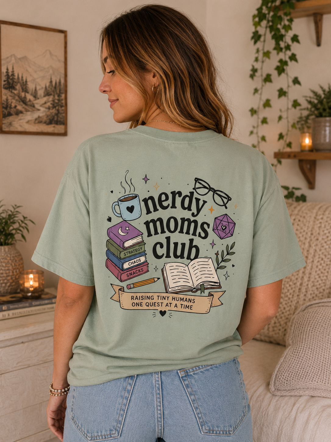 Colorful Nerdy Moms Club T-Shirt — Graphic "Raising Tiny Humans One Quest at a Time" Tee